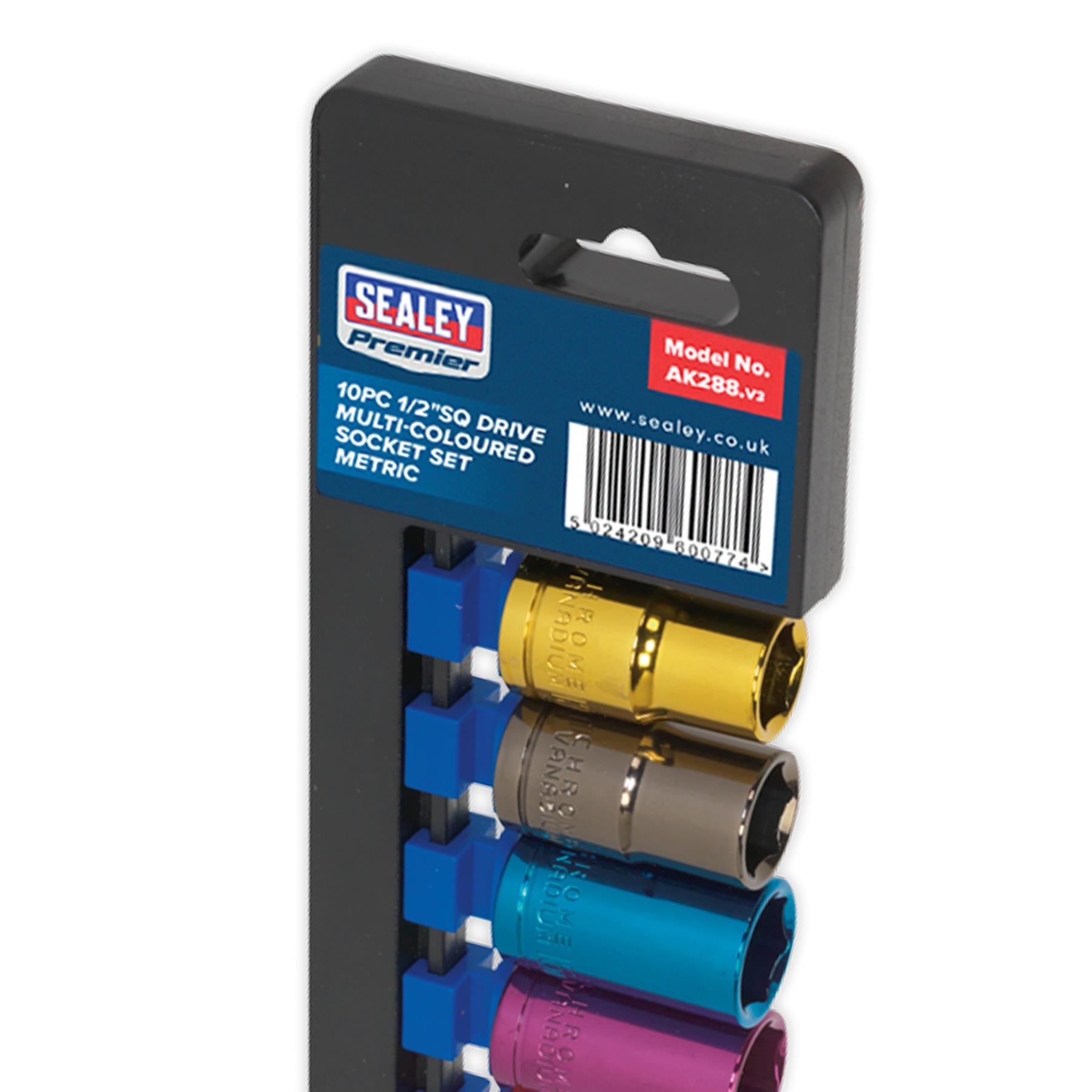 Sealey 10pc Multi Coloured Socket Set 13mm - 24mm 6pt Set 1/2" Sq Drive Metric