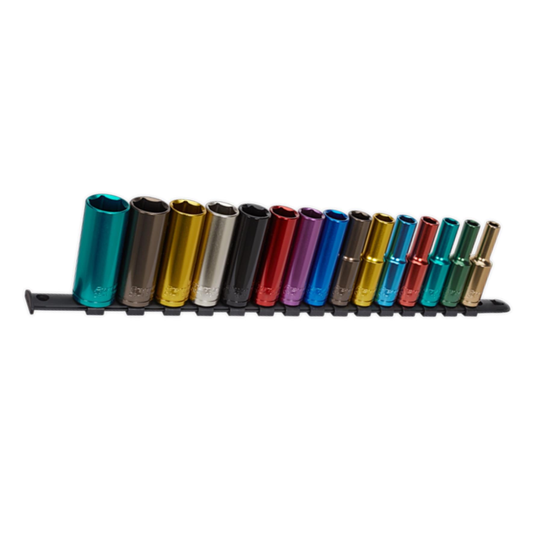 Sealey 15pc Multi Coloured Deep Socket Set 8mm - 24mm 6pt Set 1/2" Sq Drive