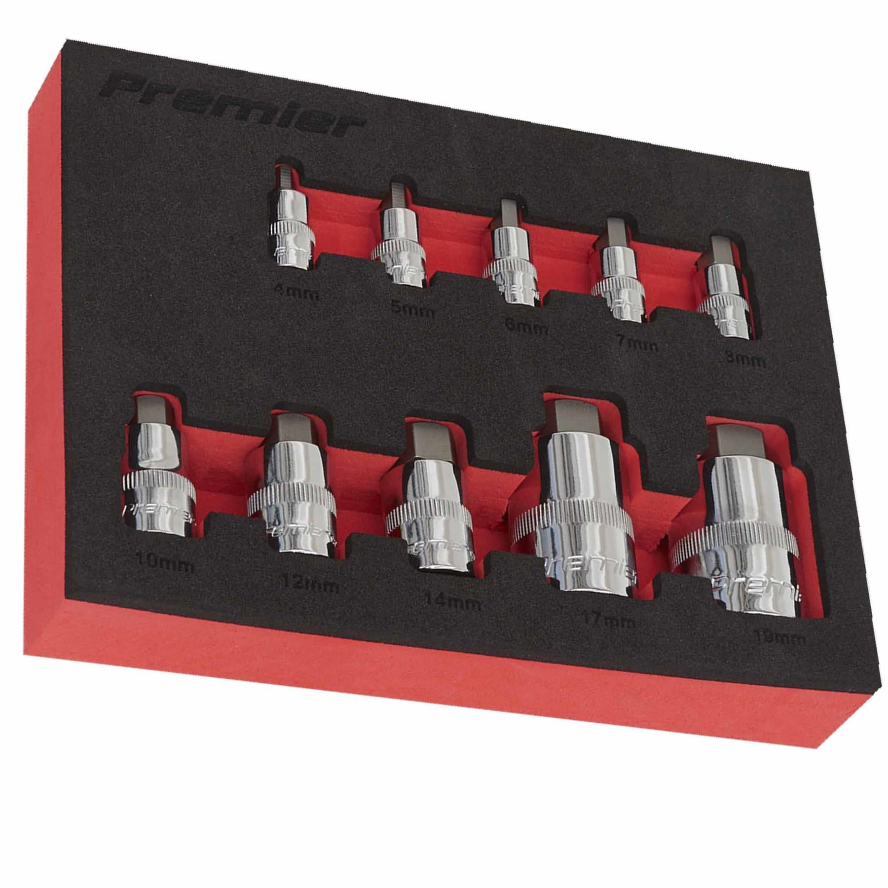 Hex Socket Bit Set 10pc Stubby 1/4", 3/8" & 1/2"Sq Drive. Sealey