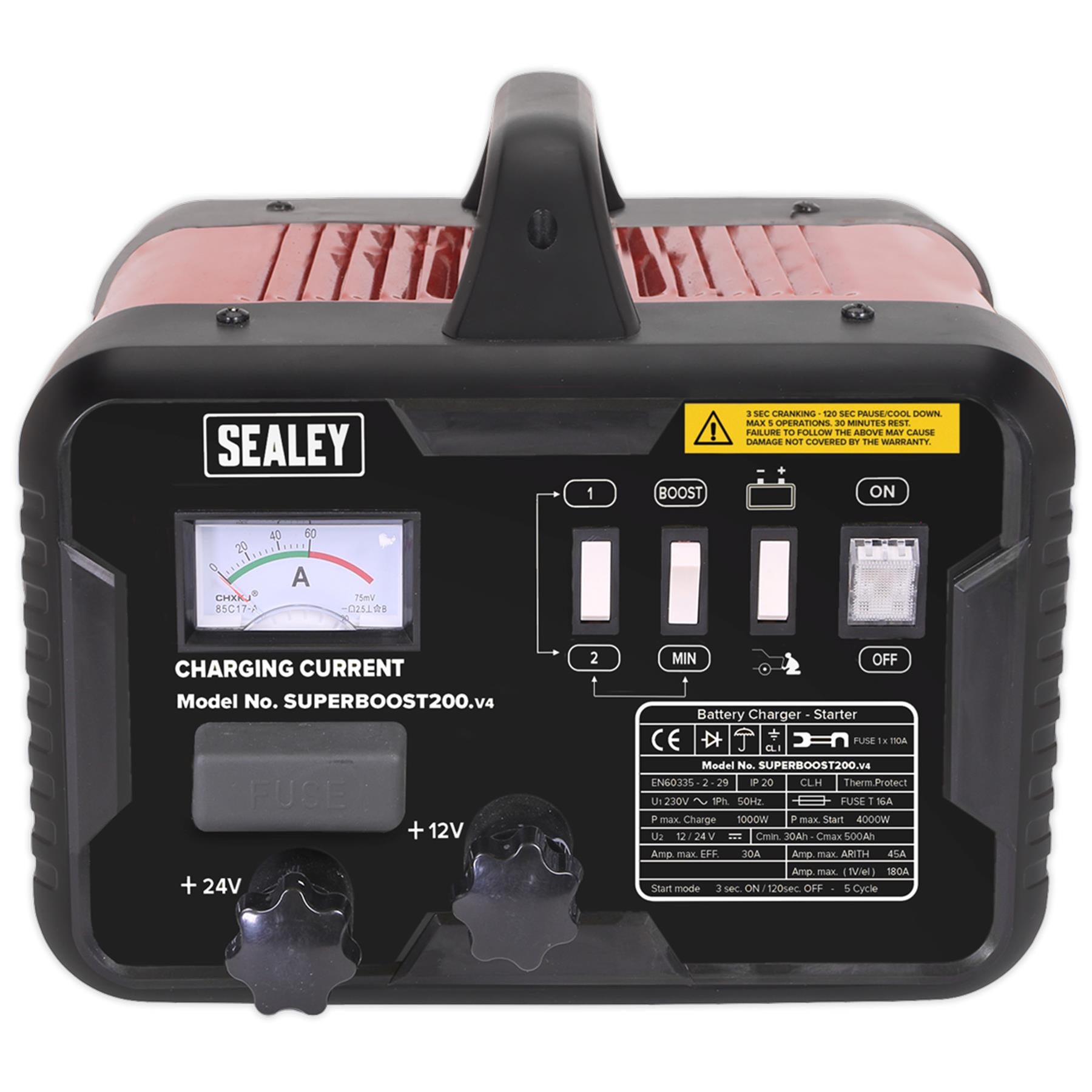 Sealey Starter/Charger 200/45Amp 12/24V 230V Battery Starter Charger
