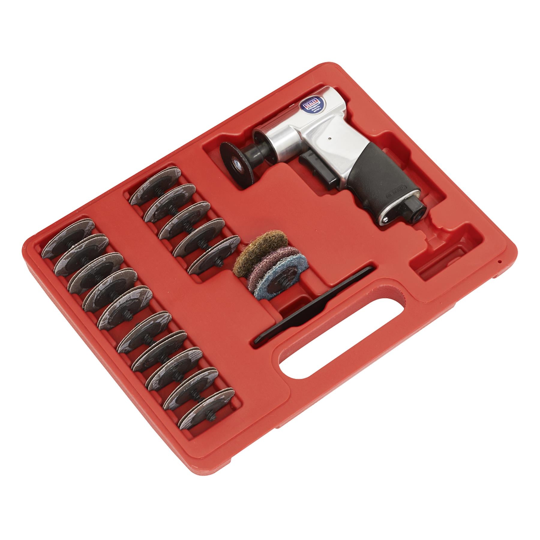 Sealey Air Mini Sander Kit 50mm 35pc With Double Finger Trigger