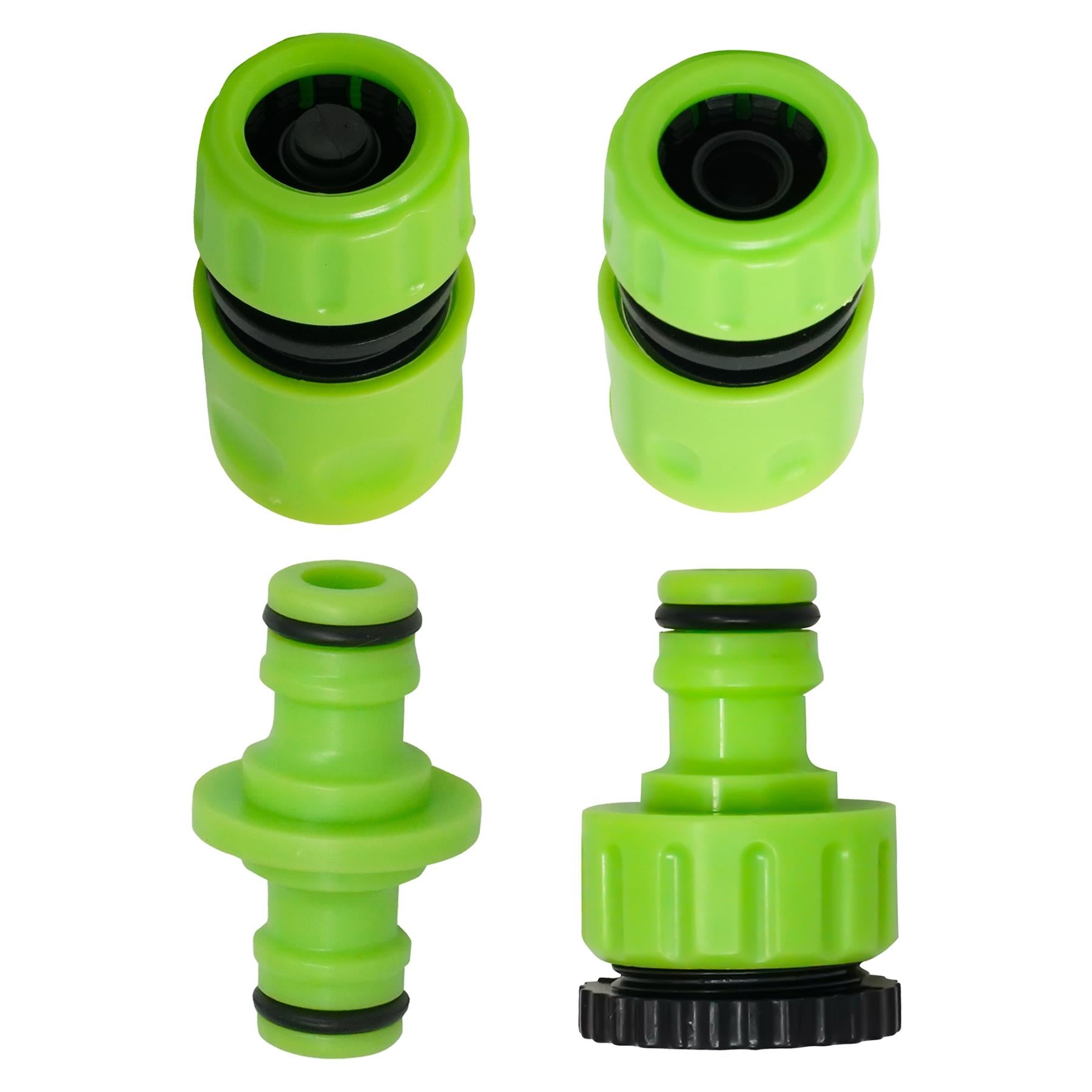 4PC Garden Hose Pipe Fitting Set Adaptor Waterstop 2-Way Connectors 1/2", 3/4"