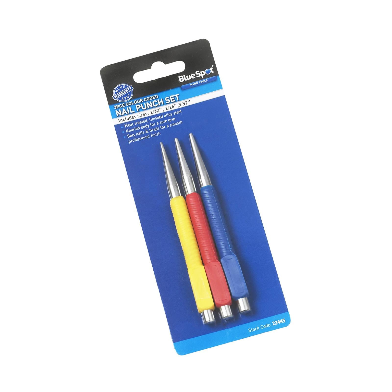 BlueSpot 3Pce Nail Punch Set Colour Coded Carbon Steel 1/32" 1/16" 3/32" 1.5/2/3mm