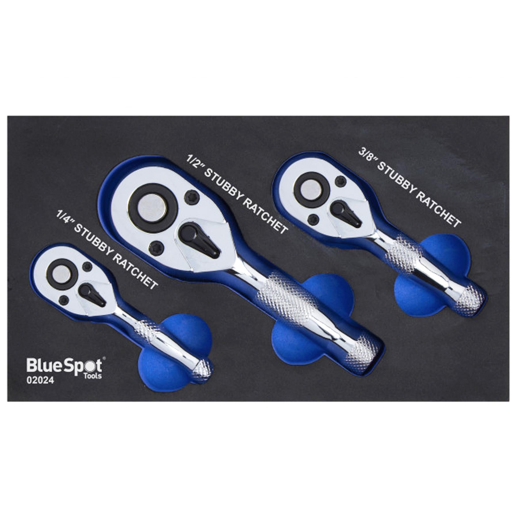 BlueSpot 3pc Stubby Ratchet Handle Set 1/4" 3/8" 1/2" Short Socket Wrenches