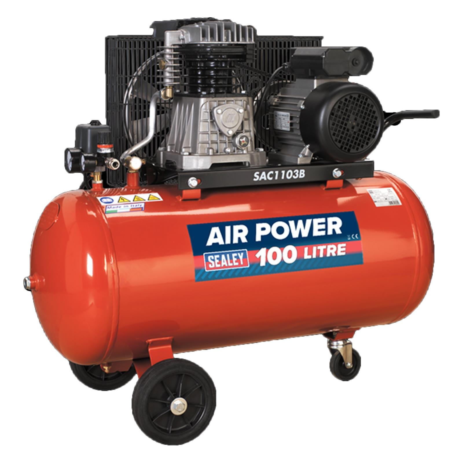 Sealey Compressor 100L Belt Drive 3HP With Cast Cylinders & Wheels