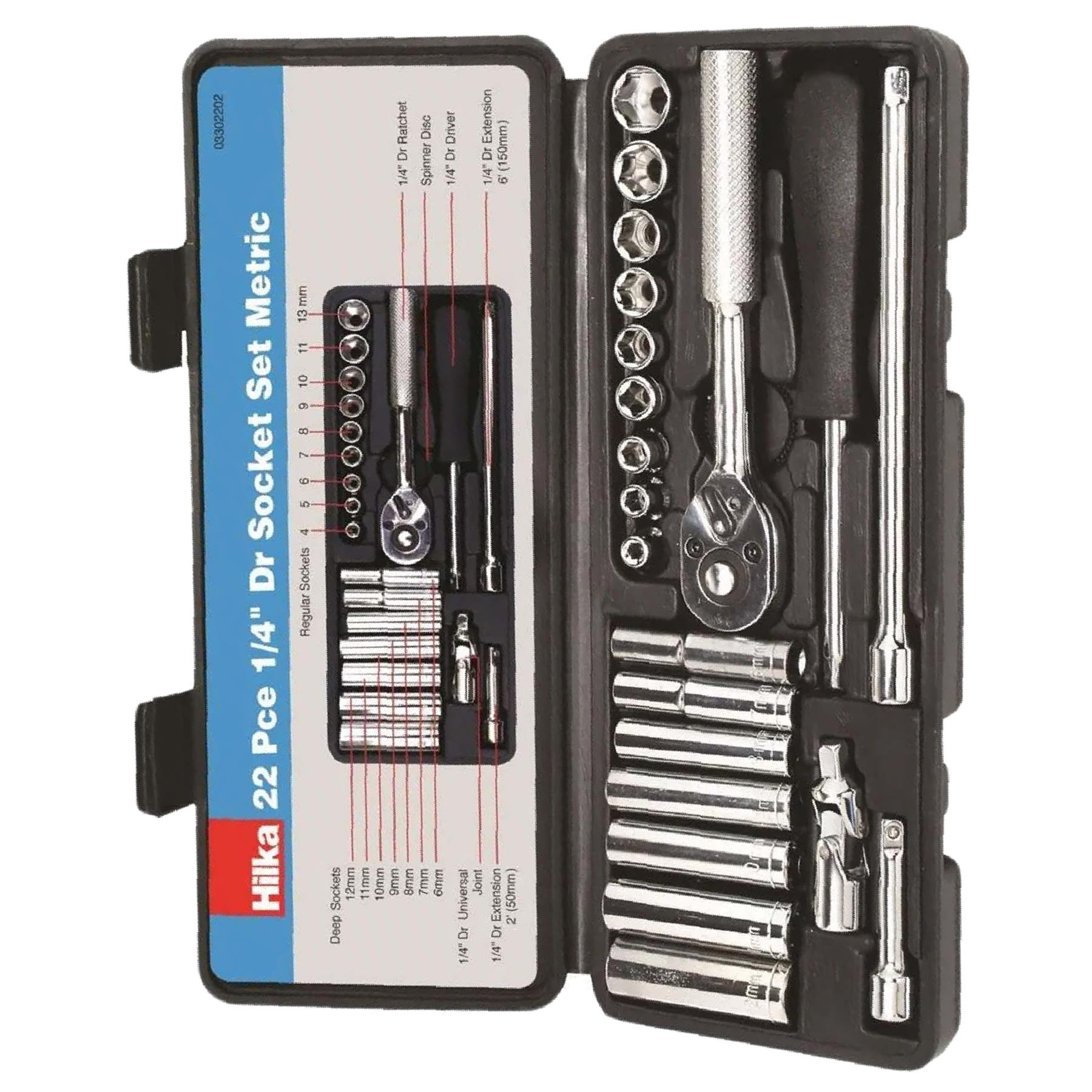 1/4" Drive Socket Set Metric 22 PC Kit Ratchet Deep Sockets Extensions - HILKA