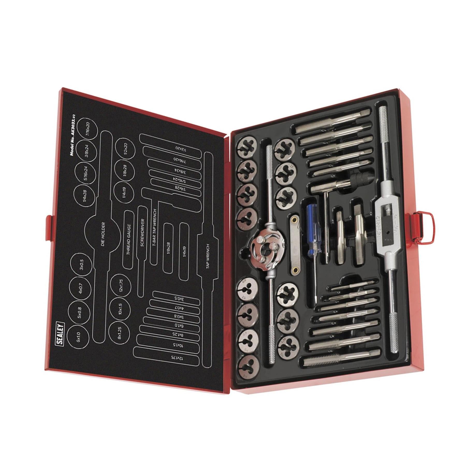 Sealey 33pc Tap and Die Set Split Dies Metric/UNF/BSP Thread Cutting Tool M3-M12