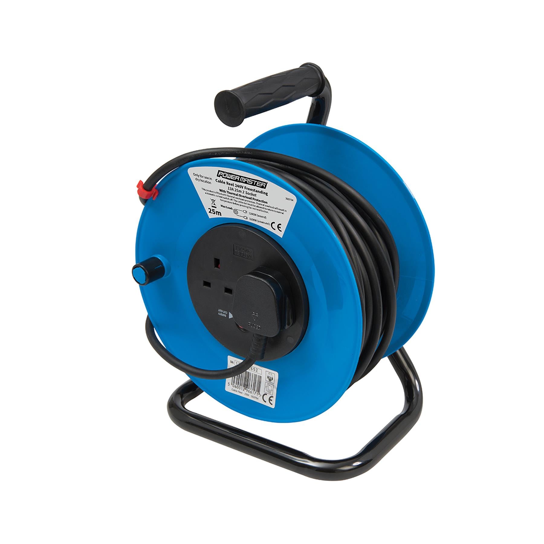 Cable Reel 240V Freestanding 13A 25M 2 Socket Maximum Load 13A Cable Rewind