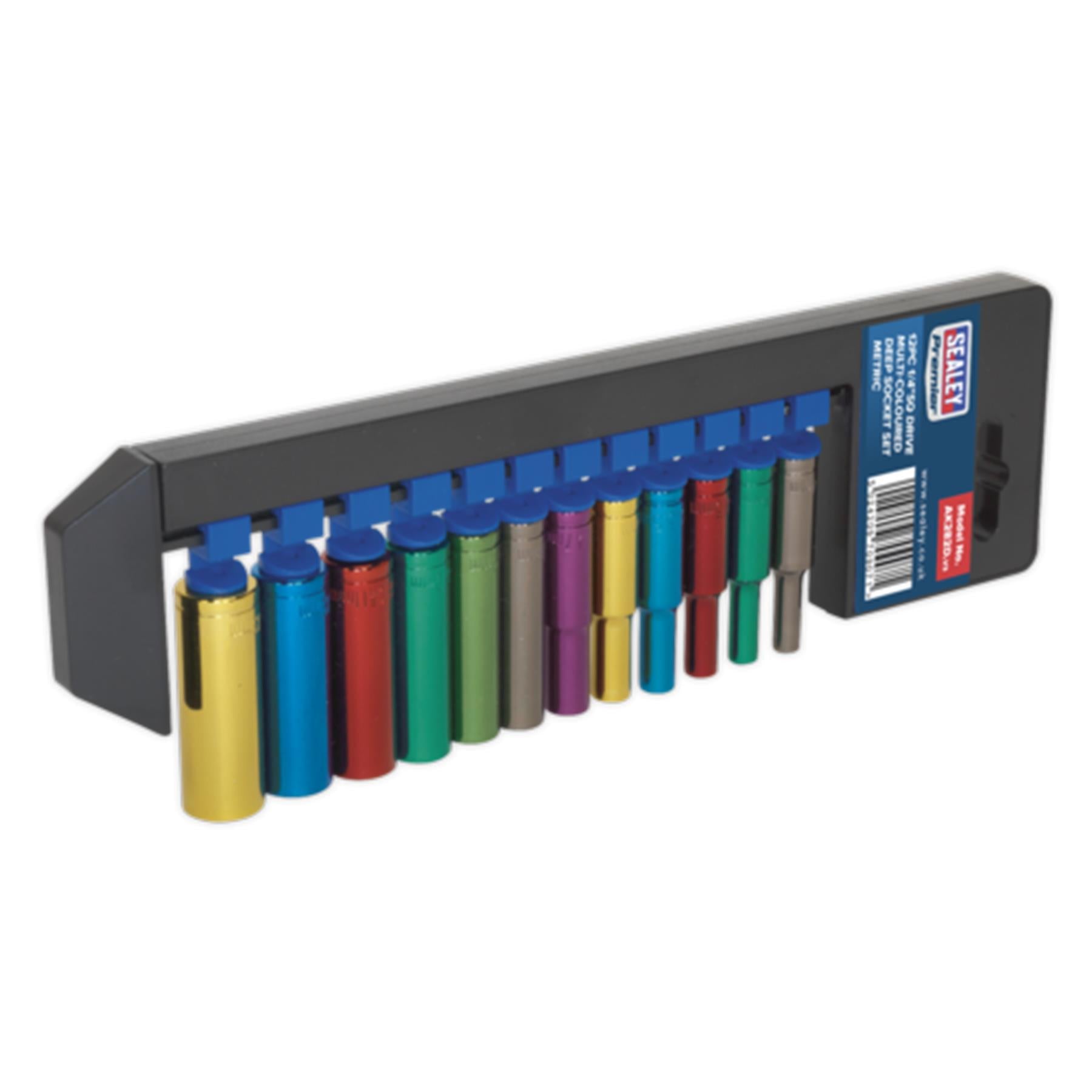 Sealey Multi-Colour Socket Set 12pc 1/4 Sq Dr 6pt Deep WallDrive MM
