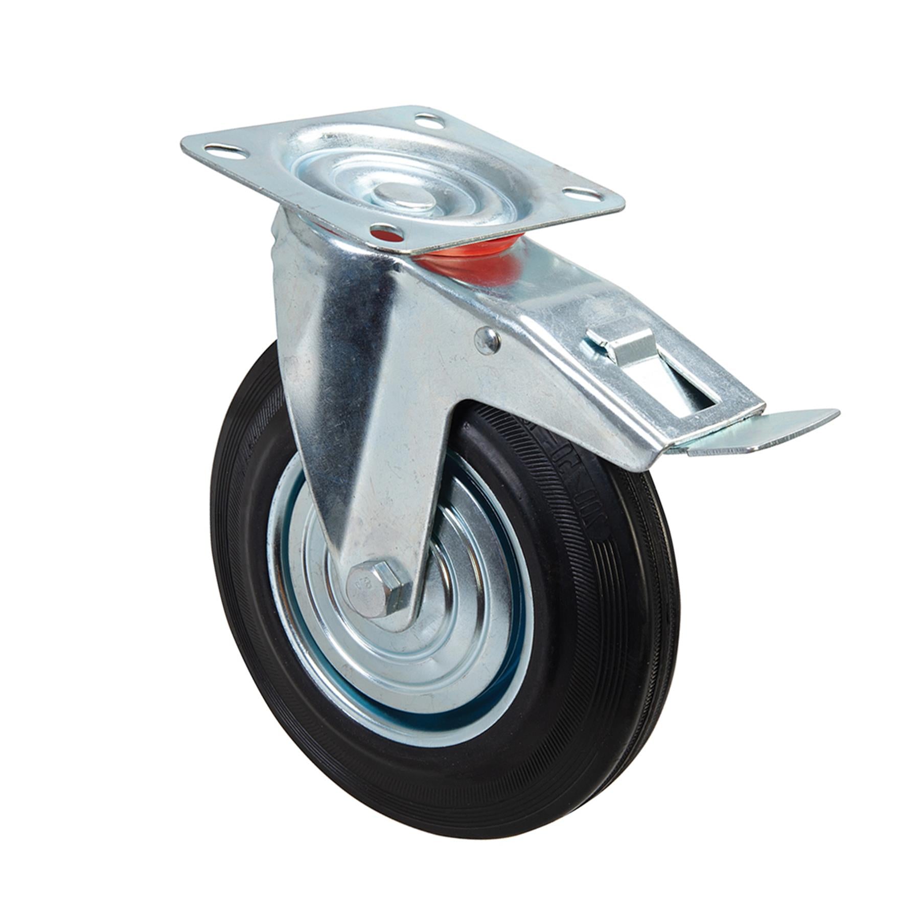 Heavy Duty Braked Rubber Castor - 200mm 200Kg With Non-Marking Tyres And Brake