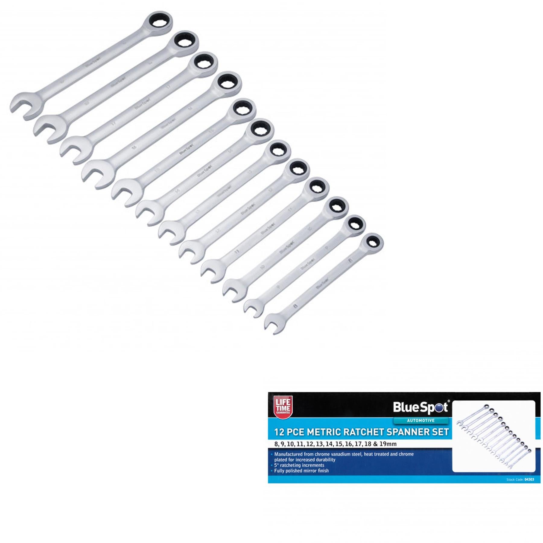 BlueSpot 12pcs Metric Ratchet Spanner Set Ratcheting Ring Head 8mm -19mm