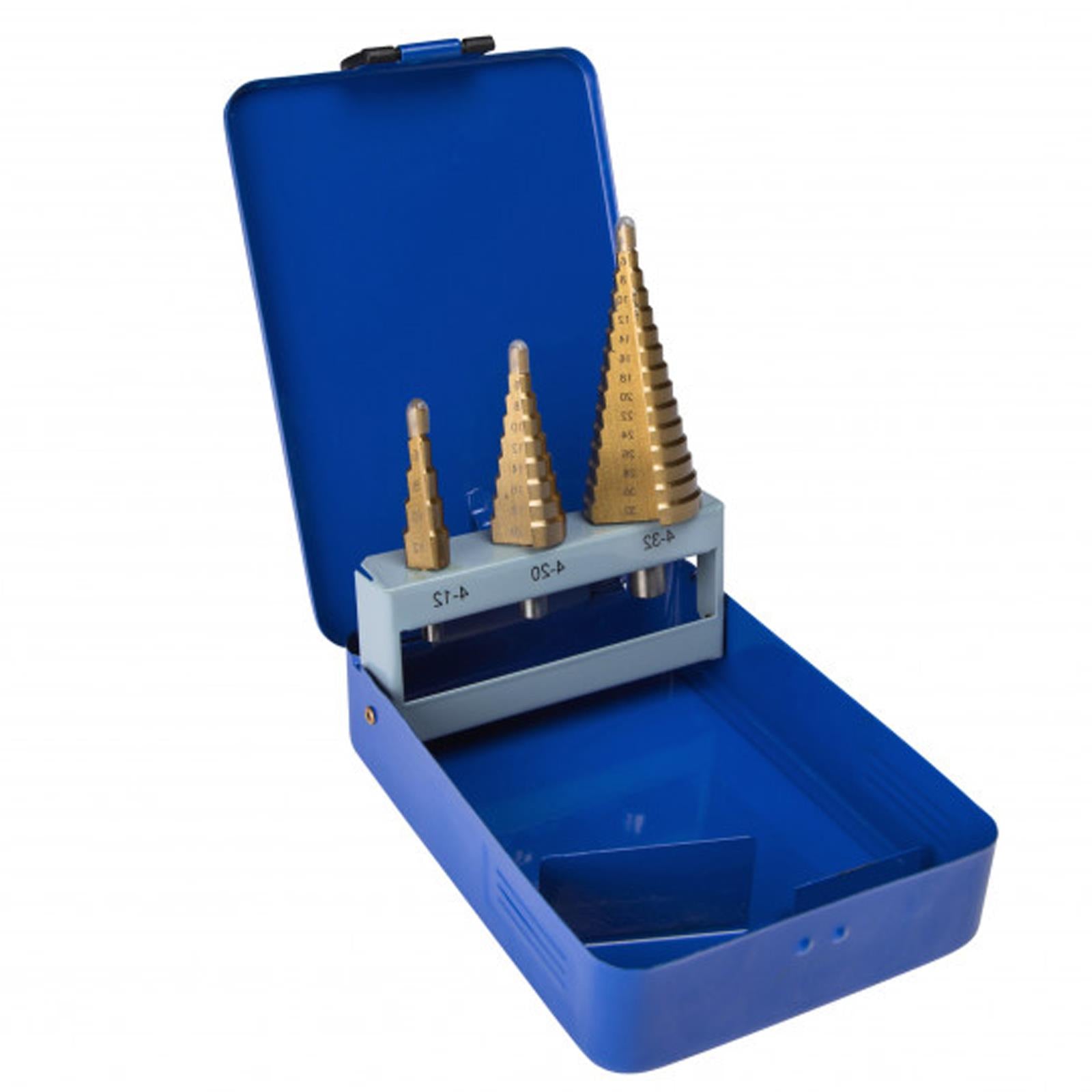 Heavy Duty 3 Piece Titanium Coated HSS Step Drill Bit Set 4-32mm For Woods