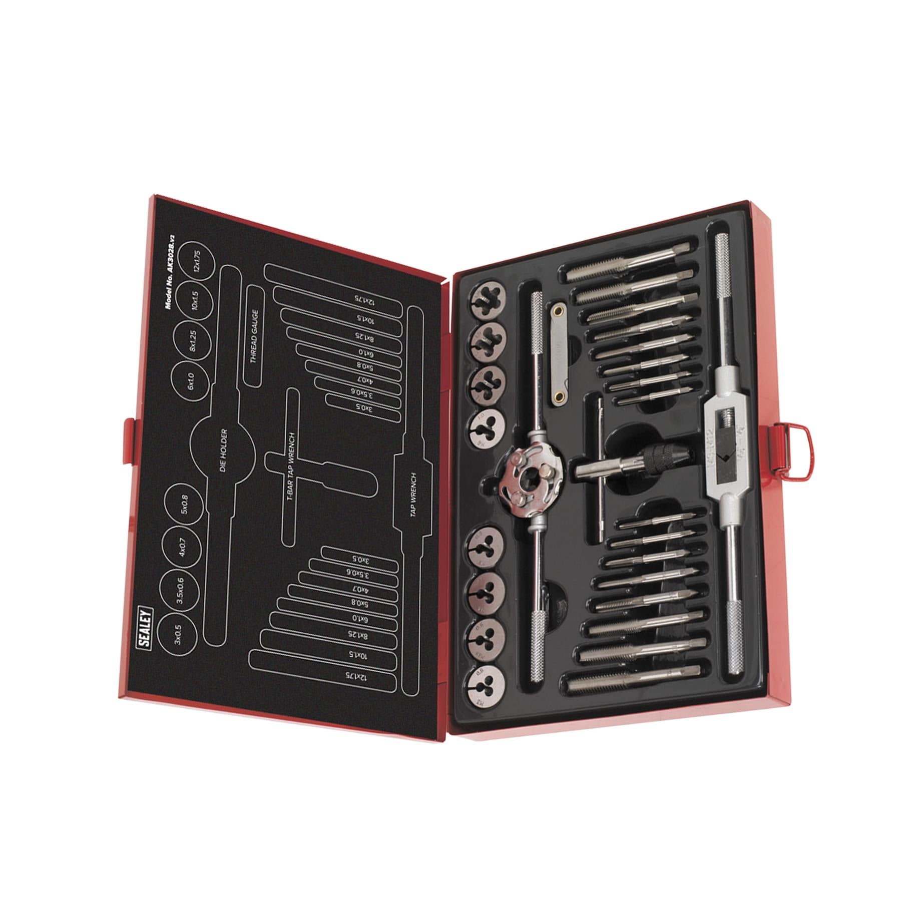 Sealey 28pc Tap and Die Set Split Dies Metric Thread Cutting Tool M3 - M12 Steel