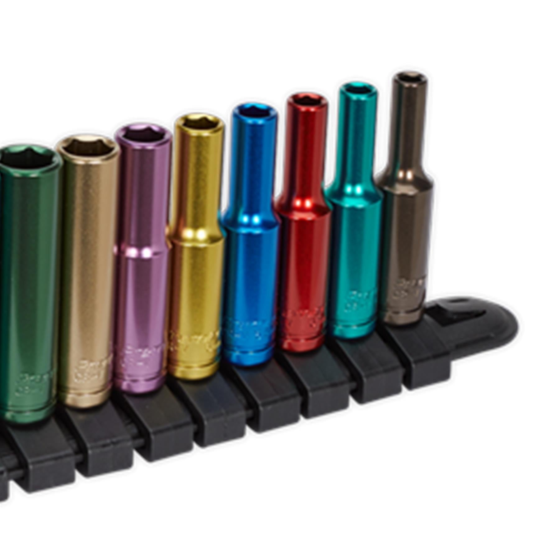 Sealey 13pc Multi Coloured Deep Socket Set 4mm - 14mm 6pt Set 1/4" Sq Drive