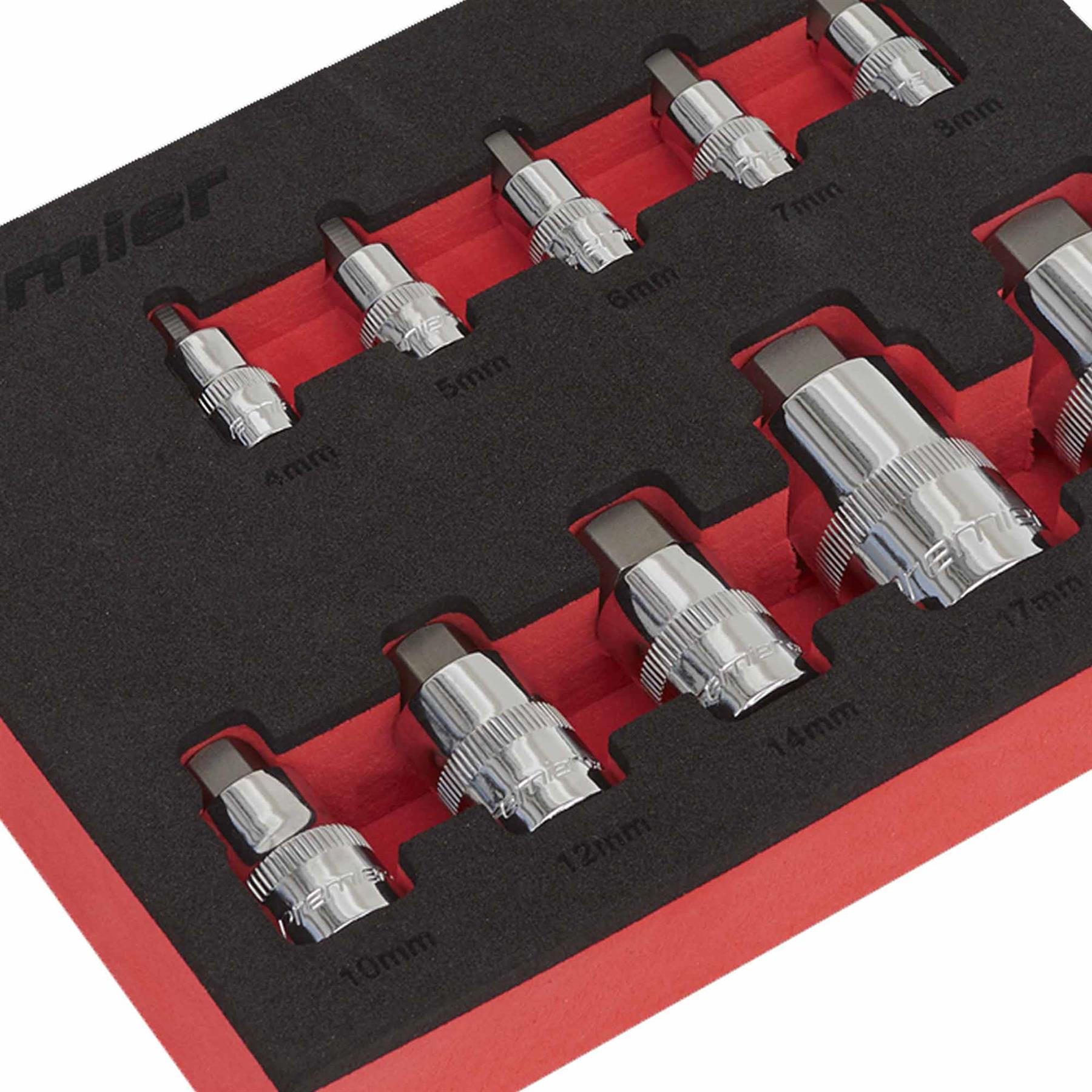 Hex Socket Bit Set 10pc Stubby 1/4", 3/8" & 1/2"Sq Drive. Sealey