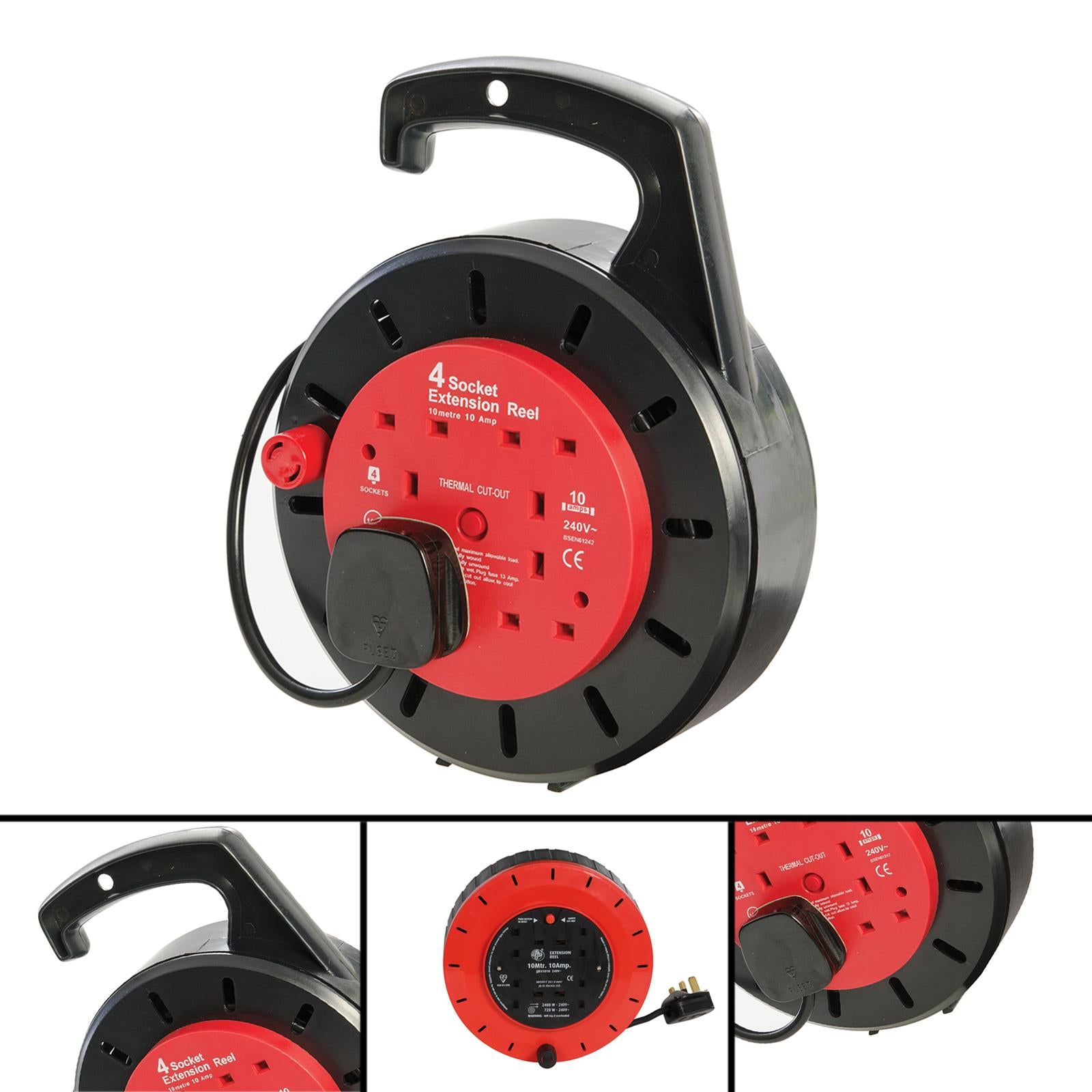 Cable Reel 240V 4 Socket 10A 10M Tools Extension Lead Cable Rewind Handle