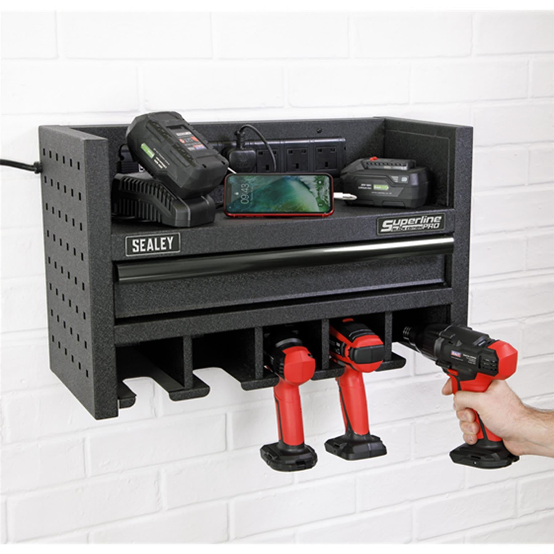 Sealey Power Tool Storage Rack 560mm with Drawer & Power Strip