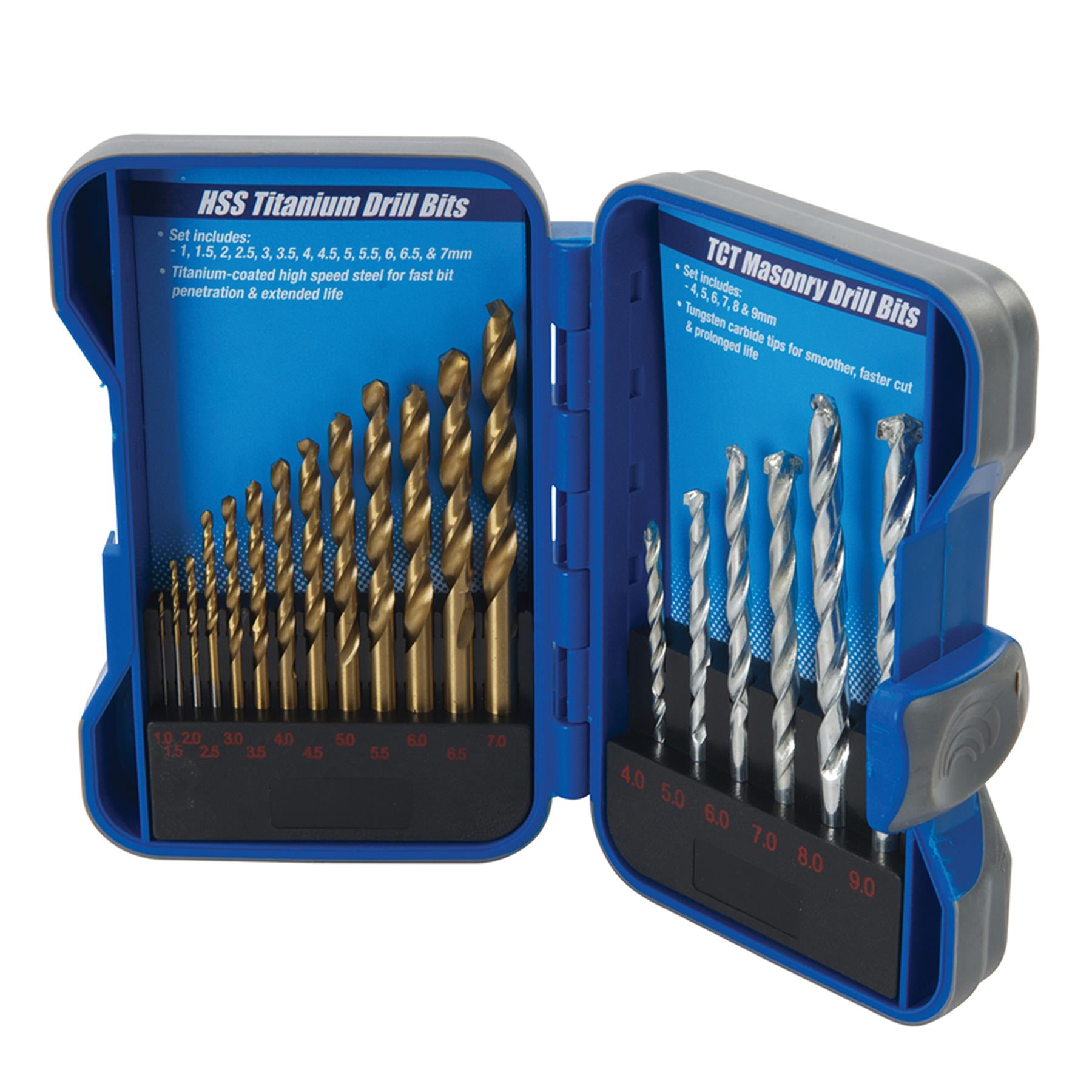 19Pce Titanium-Coated Hss & Masonry Drill Bit Set Professional Hand Tool