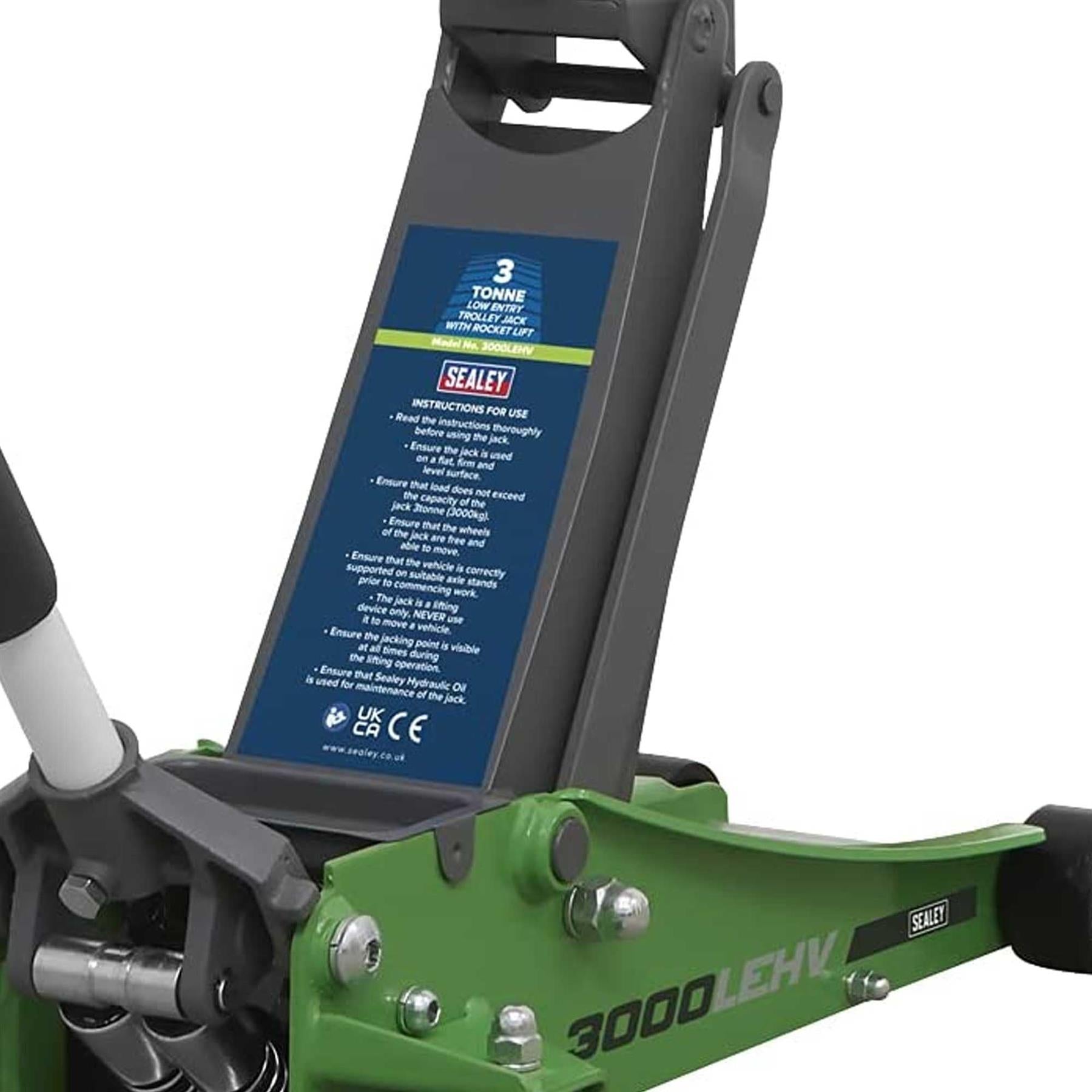 Sealey Trolley Jack 3 Tonne Low Profile Rocket Lift Hi-Vis Green
