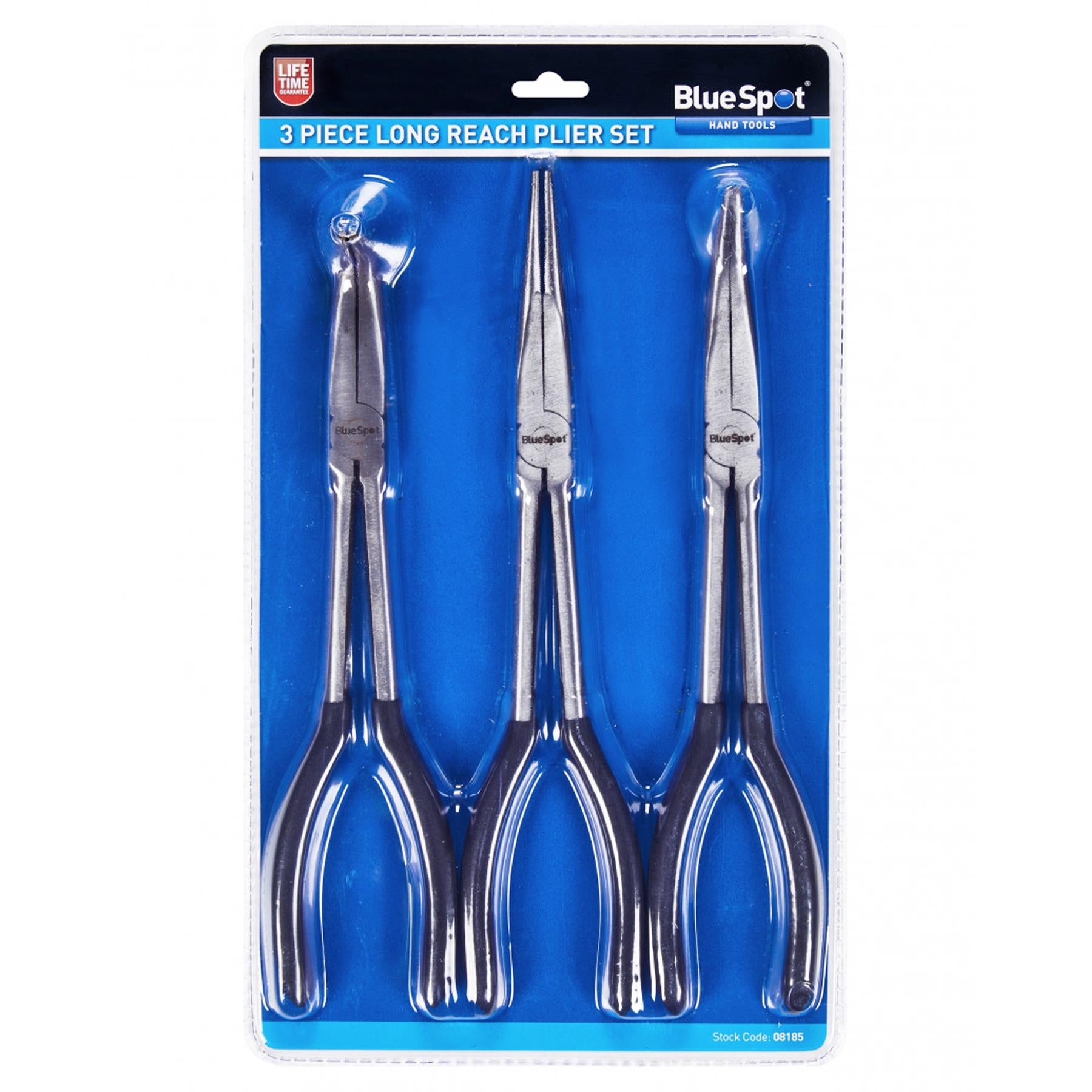 BlueSpot 3Pce Long Reach Plier Set Polished Head Soft-Grip Handles