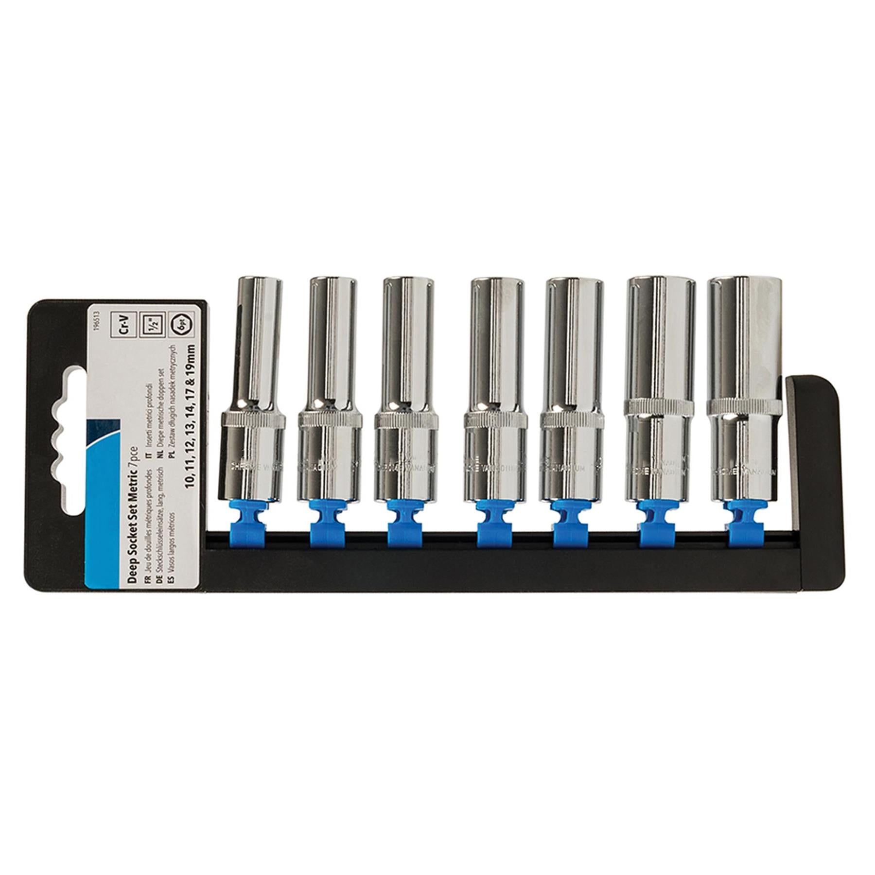 7 Pce 1/2" Deep Drive Metric Socket Set 10mm - 19mm Chrome Vanadium Heavy Duty
