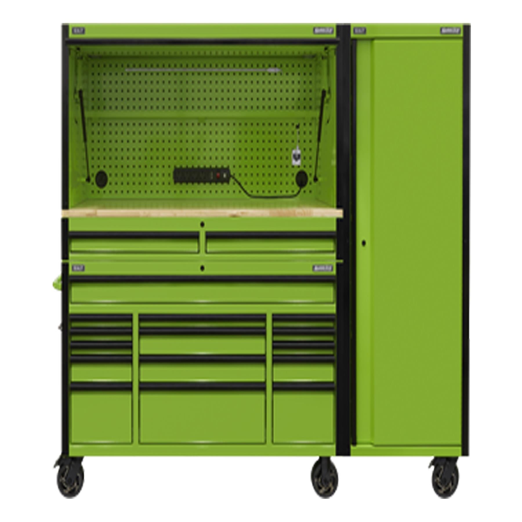 Sealey 15 Drawer 1549mm Mobile Trolley with Wooden Worktop, Hutch, 2 Drawer Riser & Side Locker