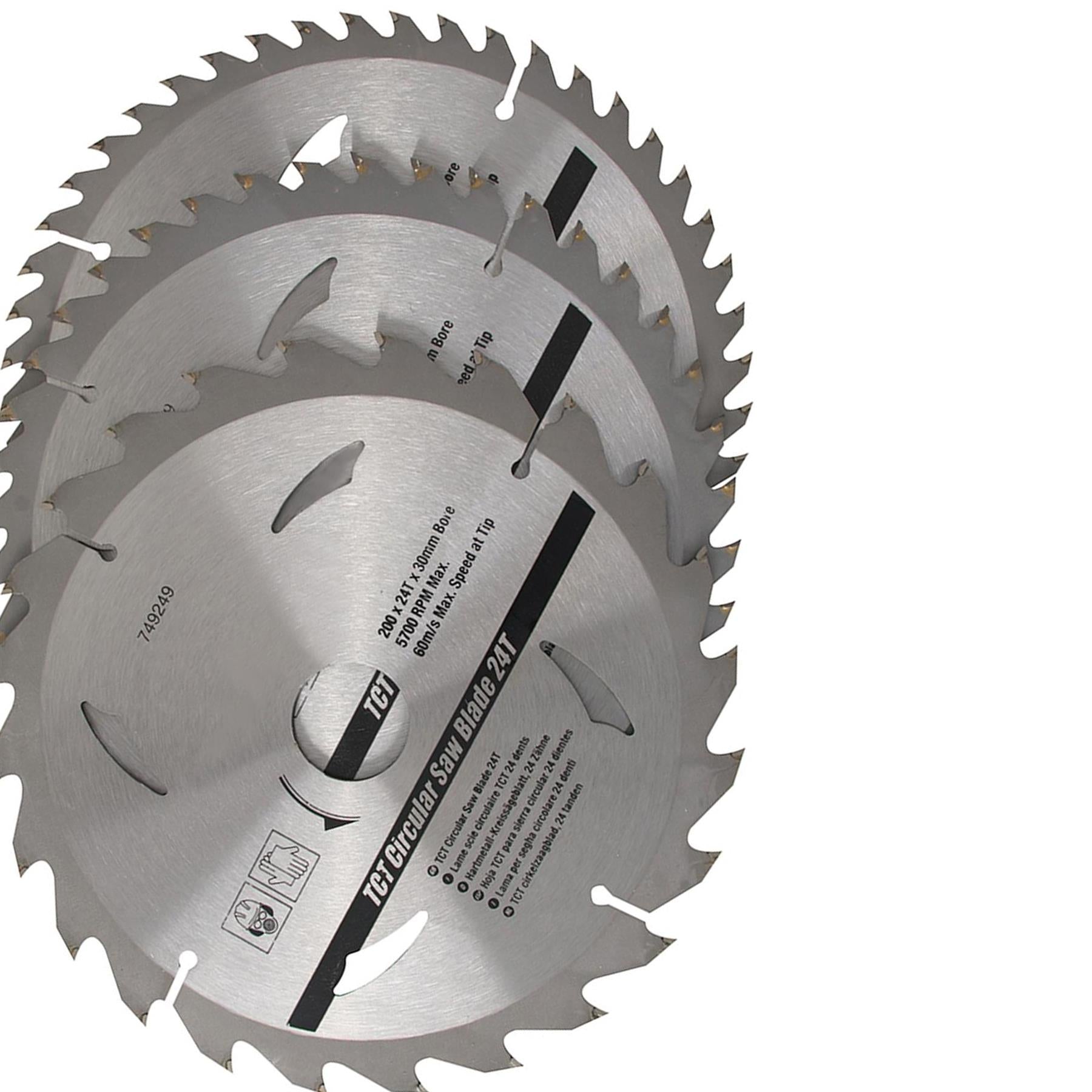 3 Piece TCT Circular Saw Blade Set 200 x 30 - 25, 18, 16mm Rings