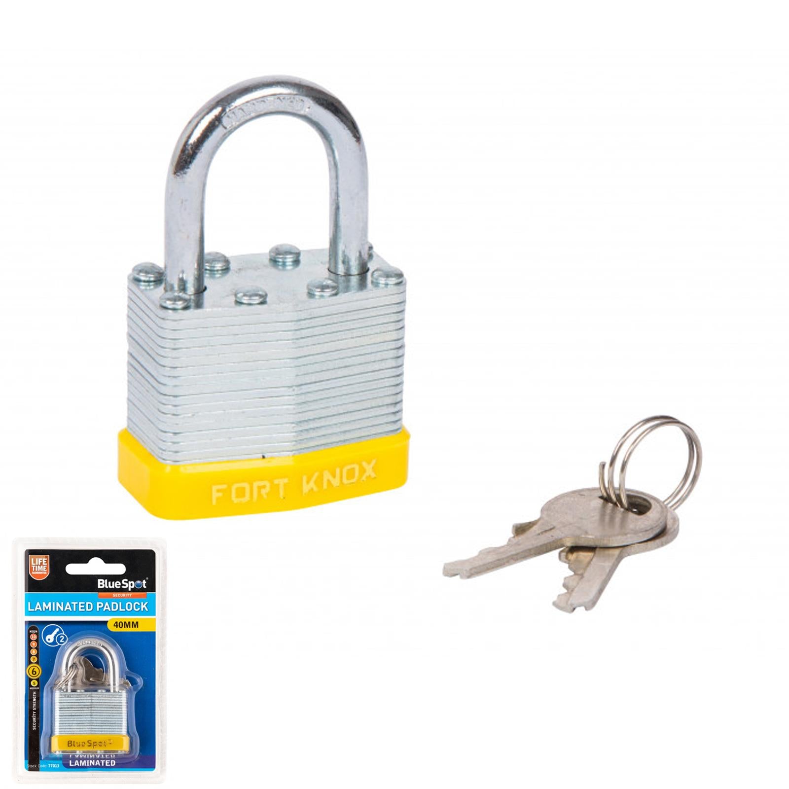 40mm Laminated Steel Padlock & 2 Keys With Hardened Shackle And Bumper BlueSpot