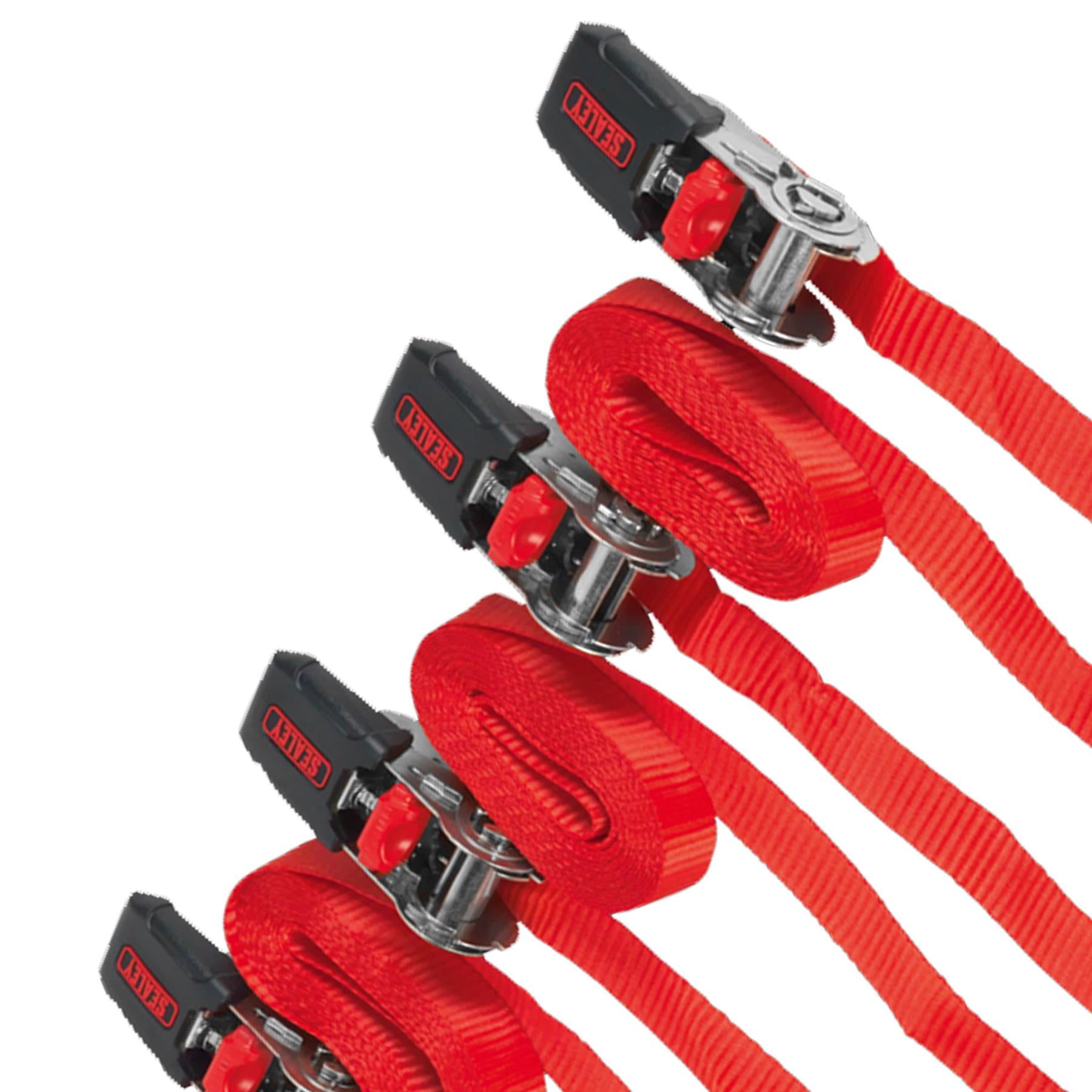 Sealey Ratchet Tie Down 25mm x 4m Polyester Webbing with S-Hooks 800kg Breaking Strength - 2 Pairs
