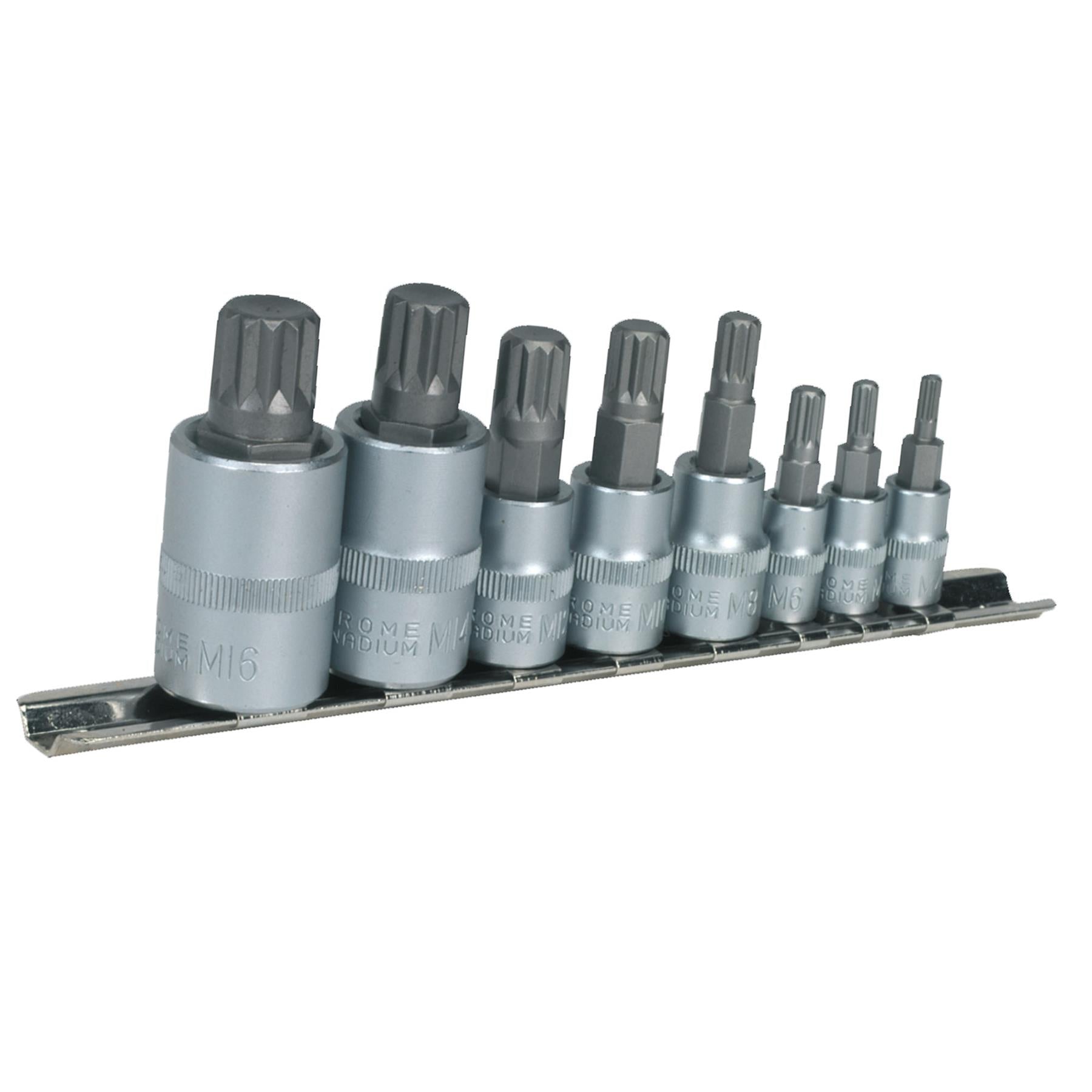 Sealey Spline Socket Bit Set 8pc 1/4", 3/8" & 1/2"Sq Drive