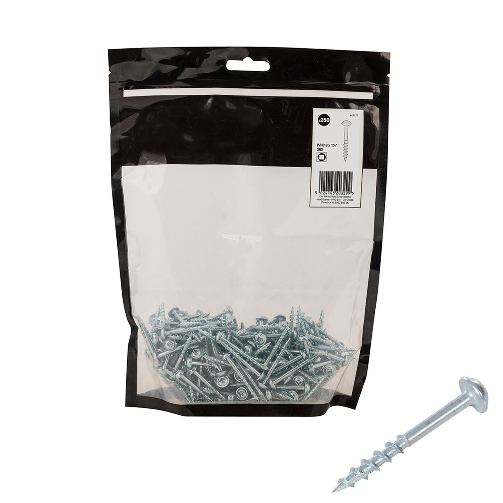 Zinc Pocket-Hole Screws Washer Head Coarse Thread Rust Resistant- 8x1-1/2" 250pk