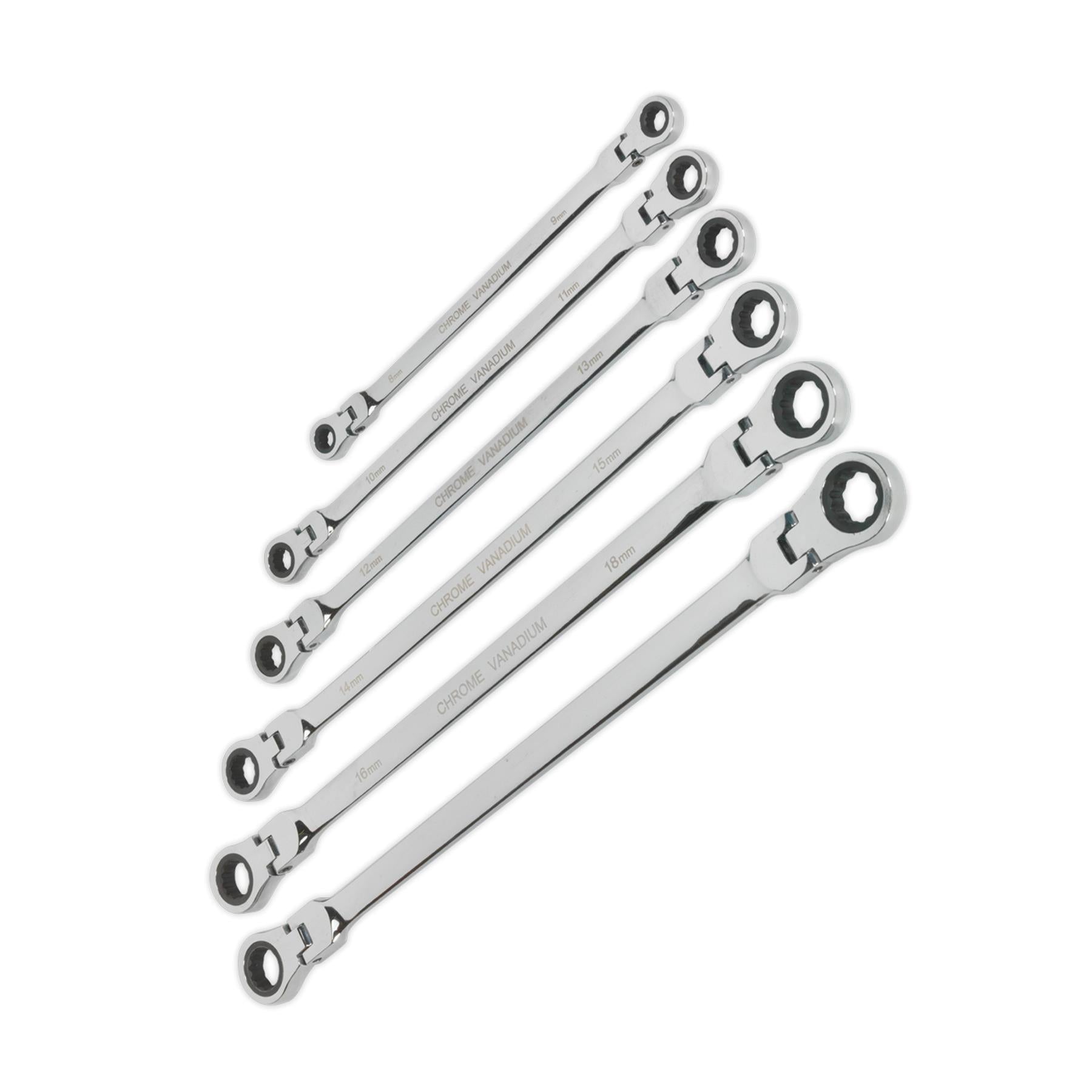 Sealey Flexi-Head Double End Ratchet Ring Spanner Set 6pc Extra-Long Metric