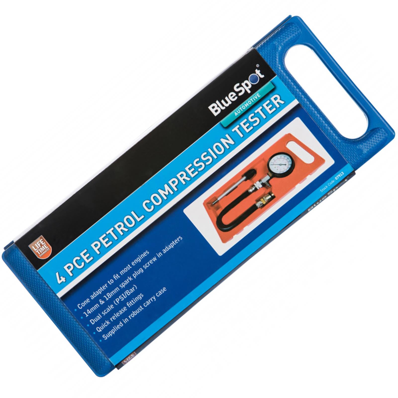 BlueSpot 4Pce New Petrol Engine Cylinder Pressure Tester Car Compression Gauge Test Kit + Case