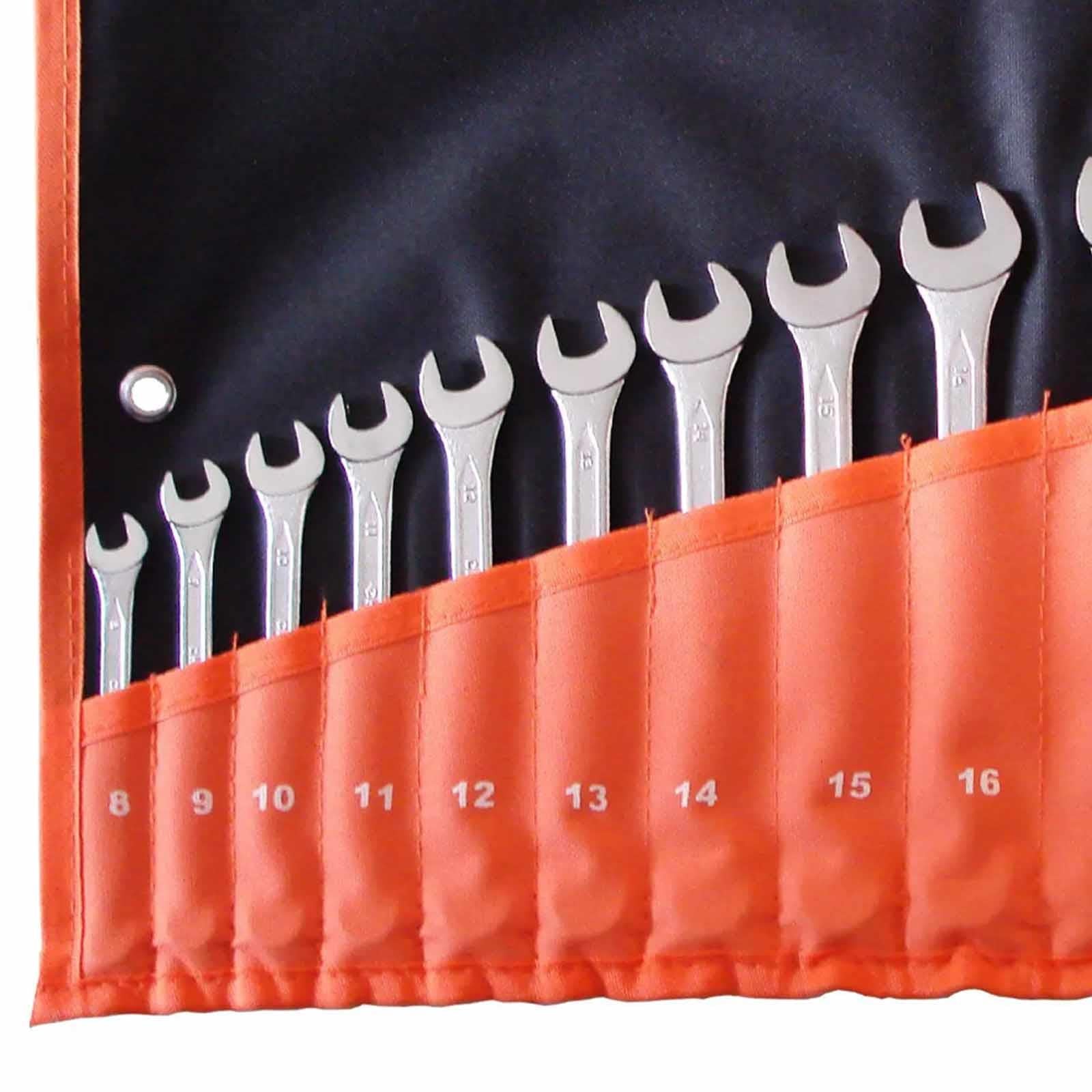 RAC 14PC METRIC COMBINATION OPEN RING CHROME SPANNER WRENCH SET IN CASE 8-22MM