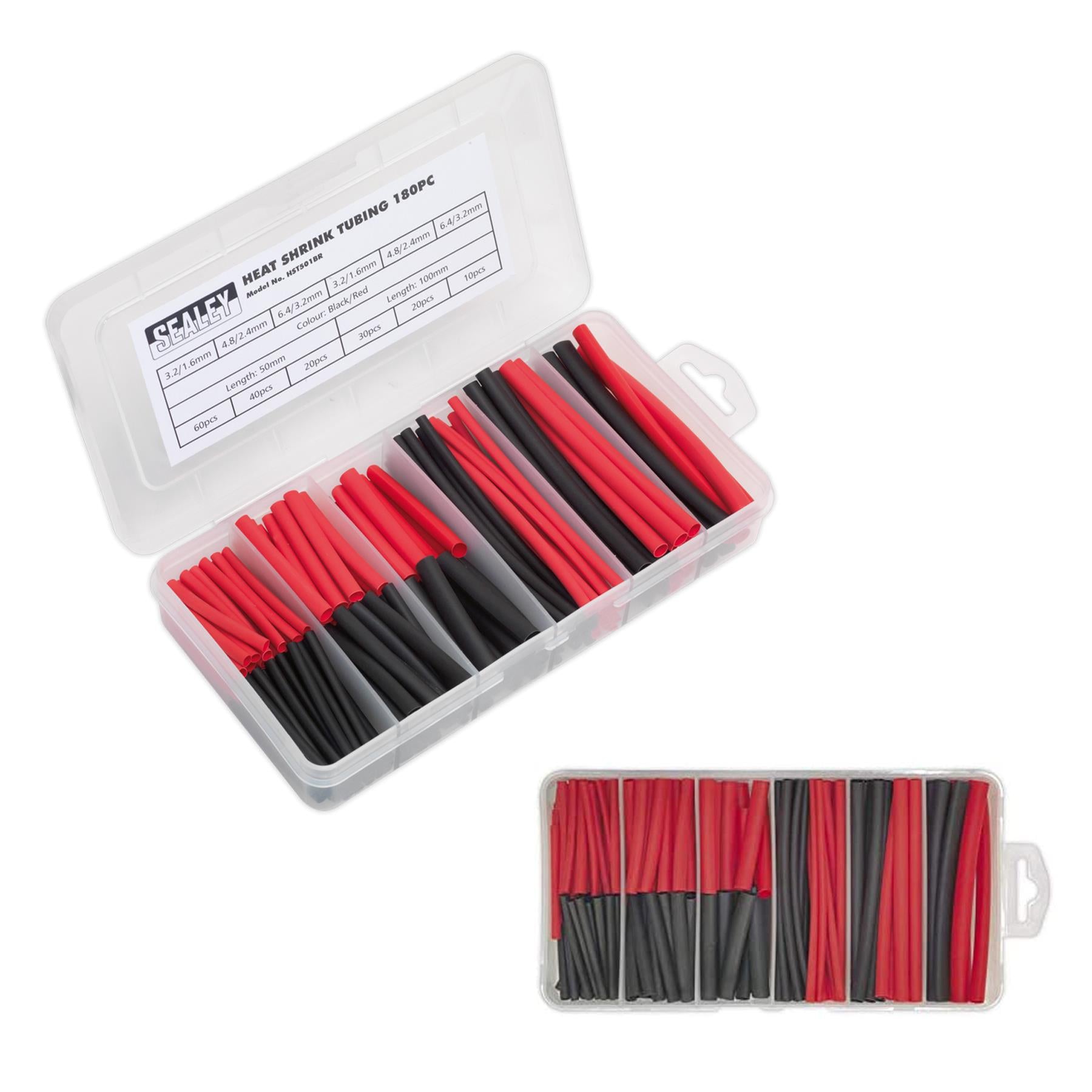 Sealey Heat Shrink Tubing Assortment 180pc 50 & 100mm Black & Red