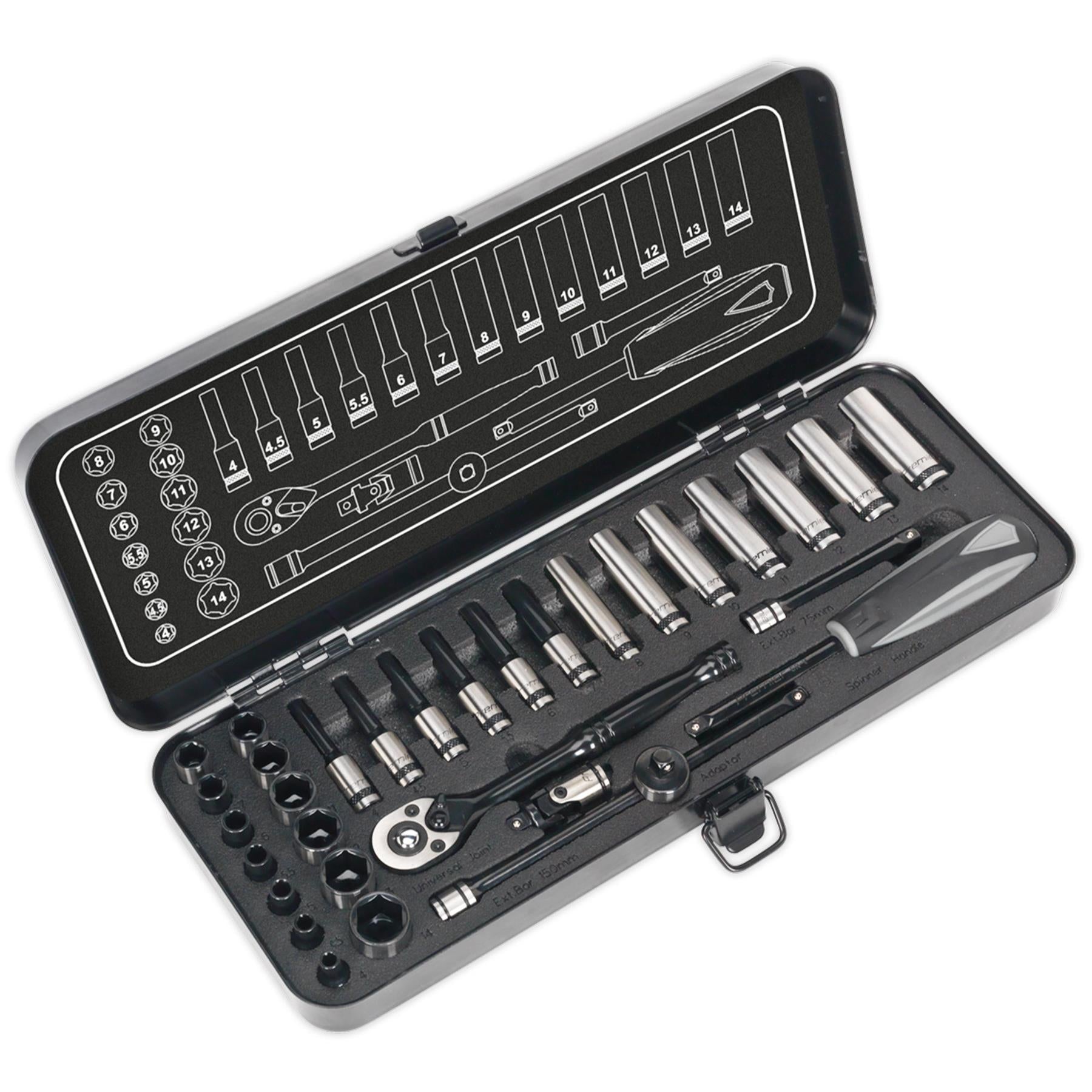 Sealey Socket Set 32pc 1/4"Sq Dr 6pt WallDrive Metric Black Series