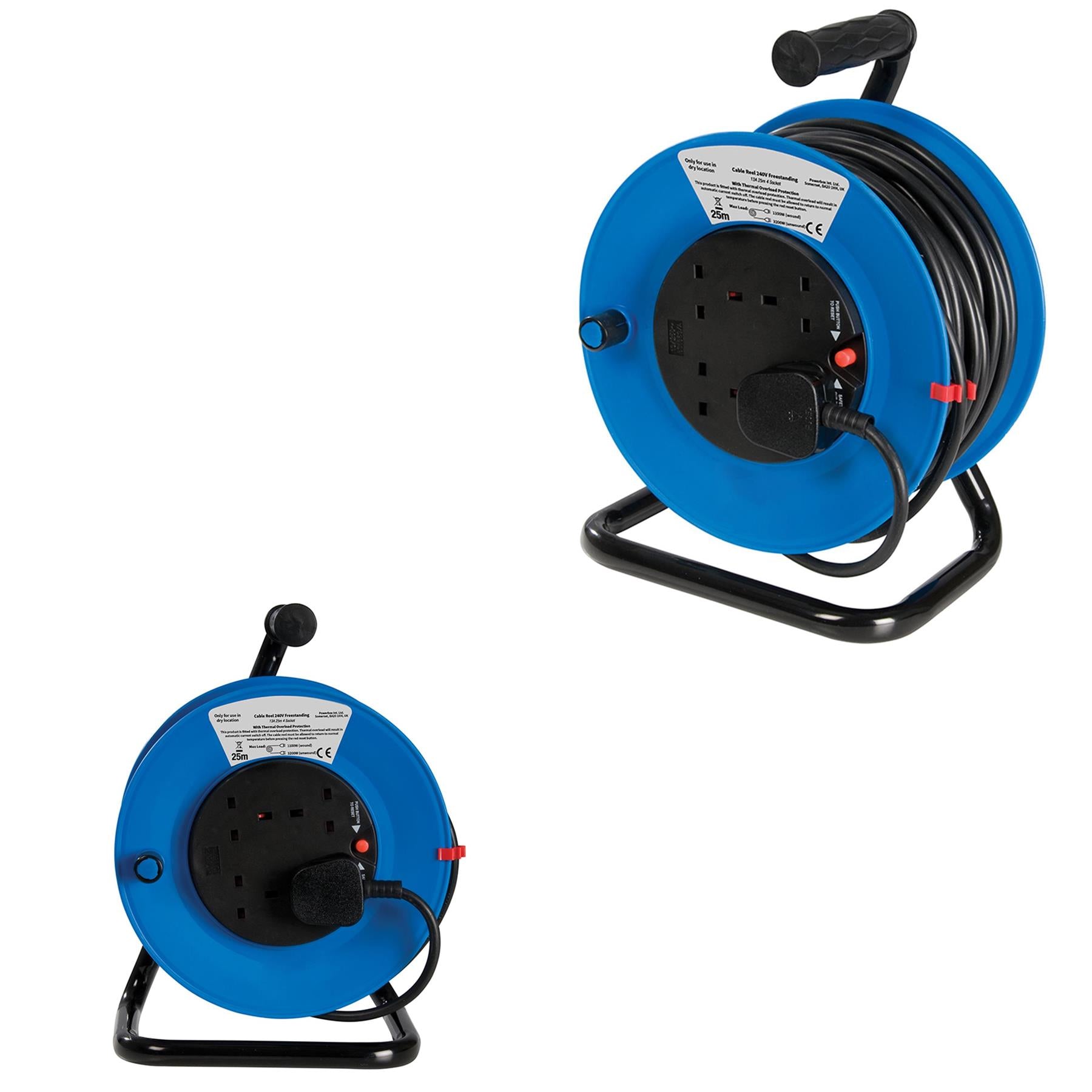 Brand New 25M Mains Power Extension Cable Reel 4 Socket 240V 13A Freestanding