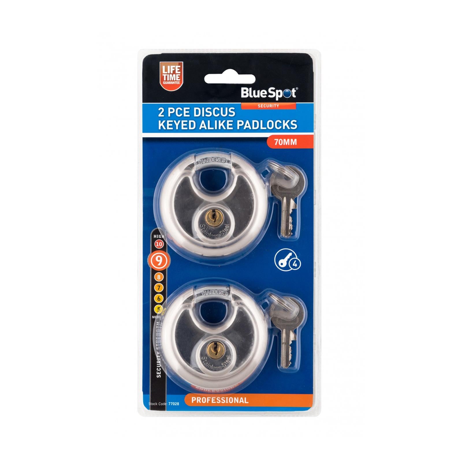 2 PACK Keyed Alike 70mm Stainless DISCUS PADLOCKS + 4 KEYS Strength
