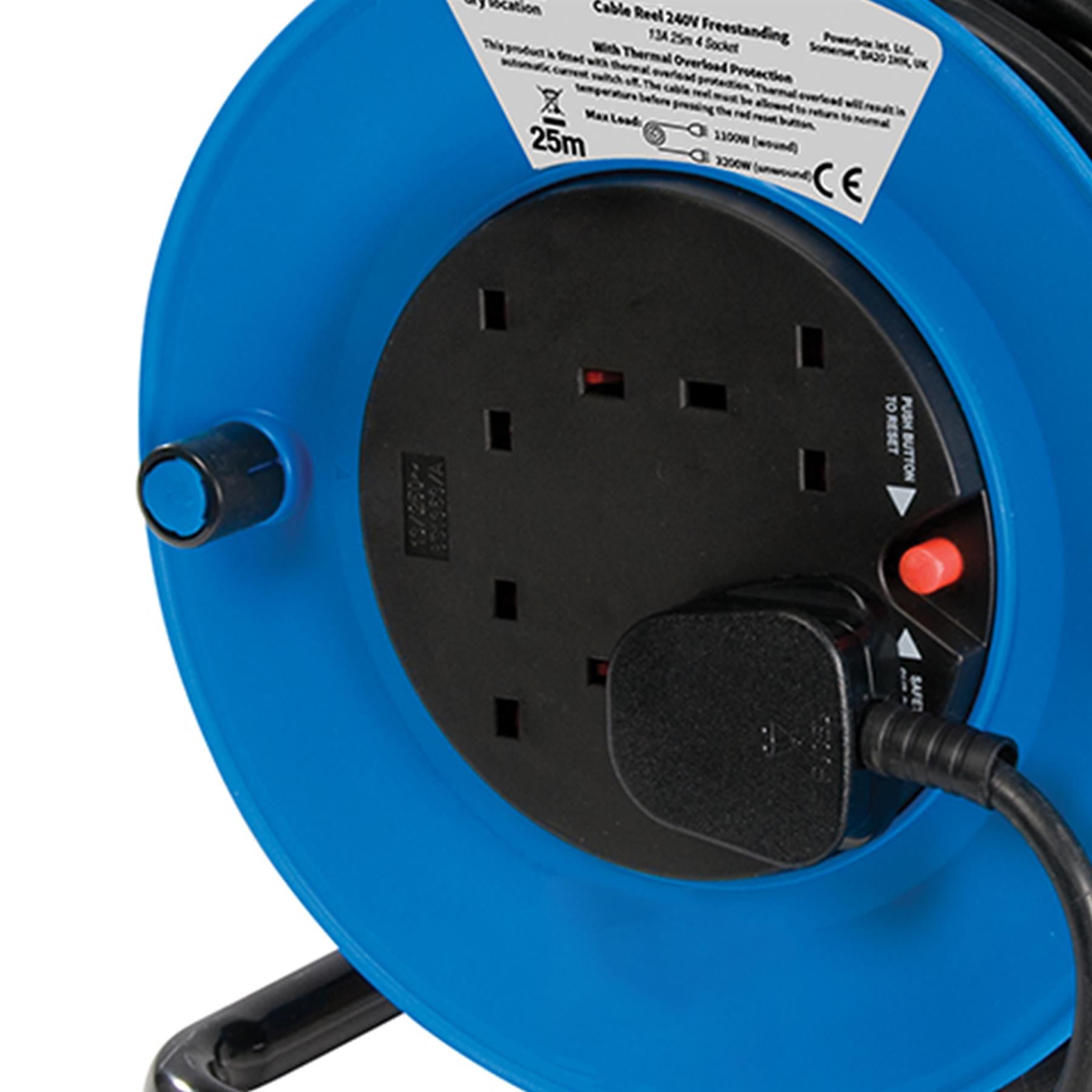 Brand New 25M Mains Power Extension Cable Reel 4 Socket 240V 13A Freestanding