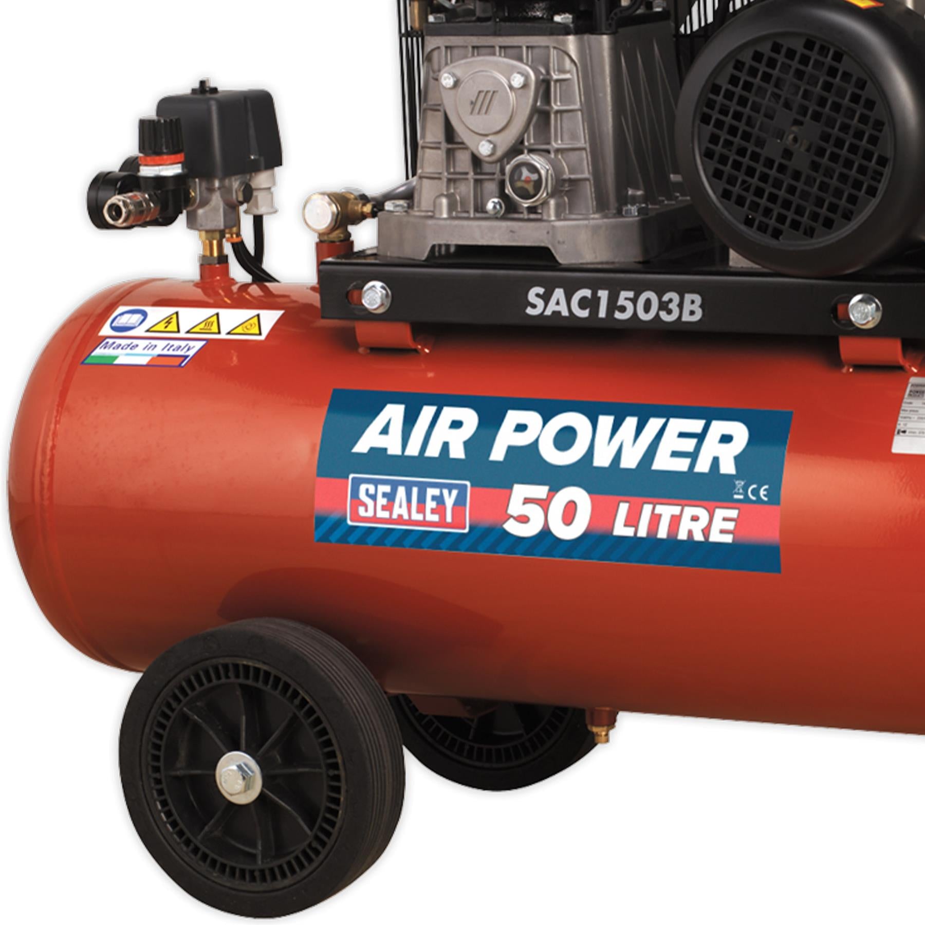Sealey Compressor 50L Belt Drive 3hp with Cast Cylinders & Wheels