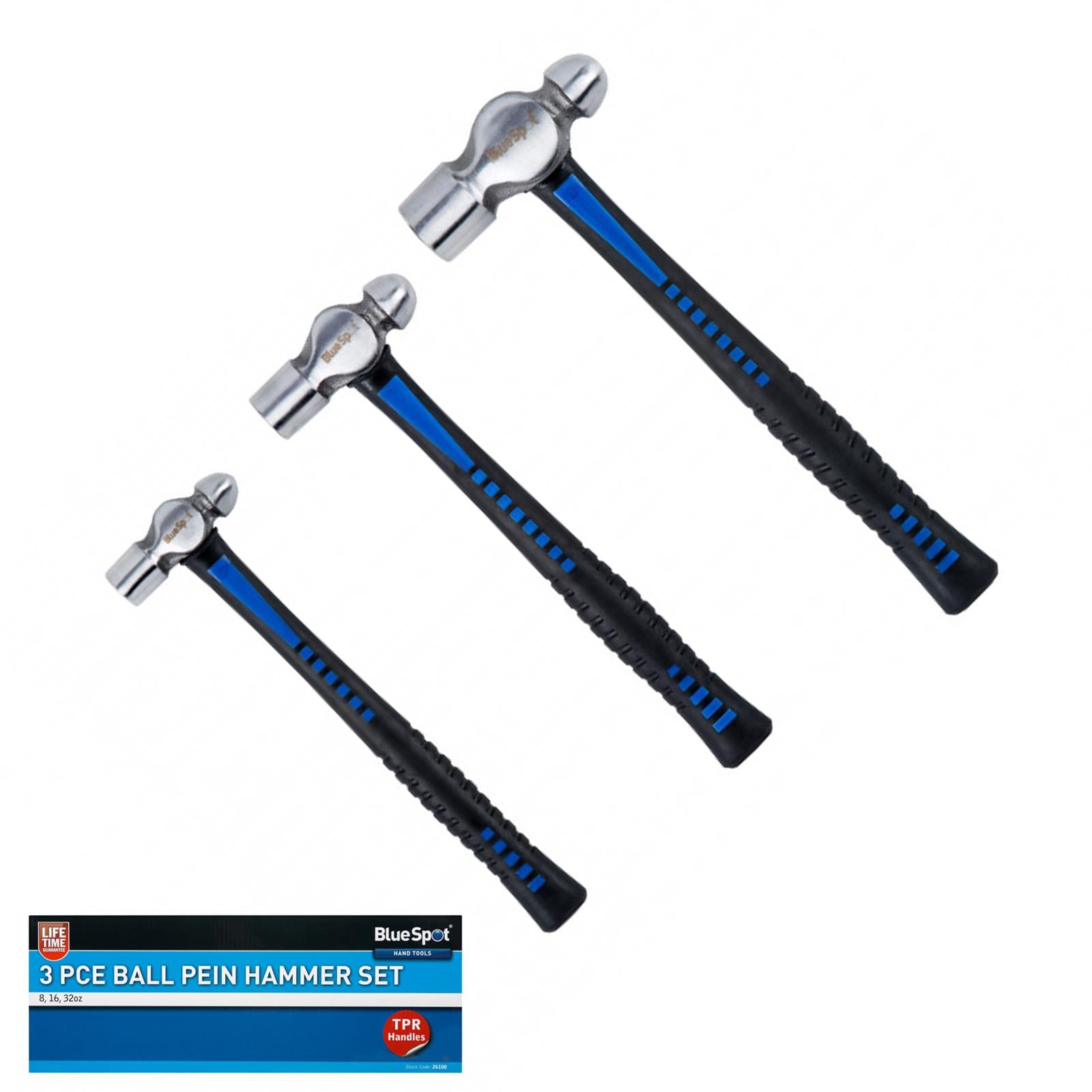 Bluespot 3pce Ball Pein Hammer Set 8oz 16oz 32oz Trp Handle Lifetime Warranty