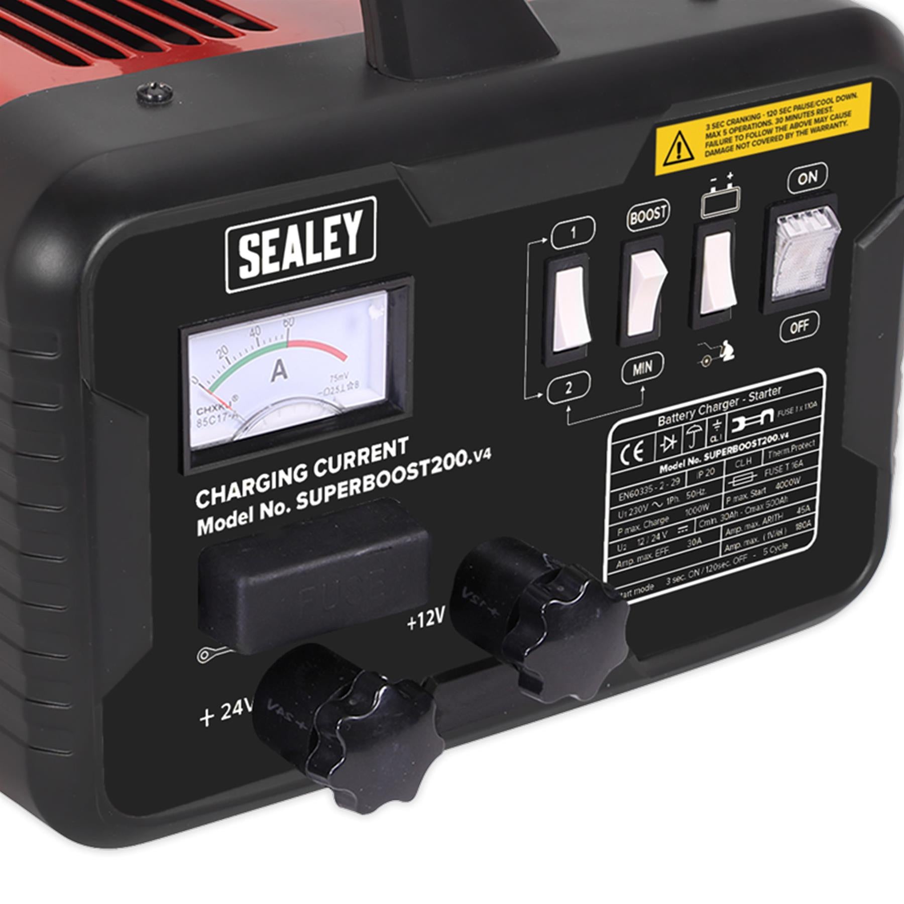 Sealey Starter/Charger 200/45Amp 12/24V 230V Battery Starter Charger