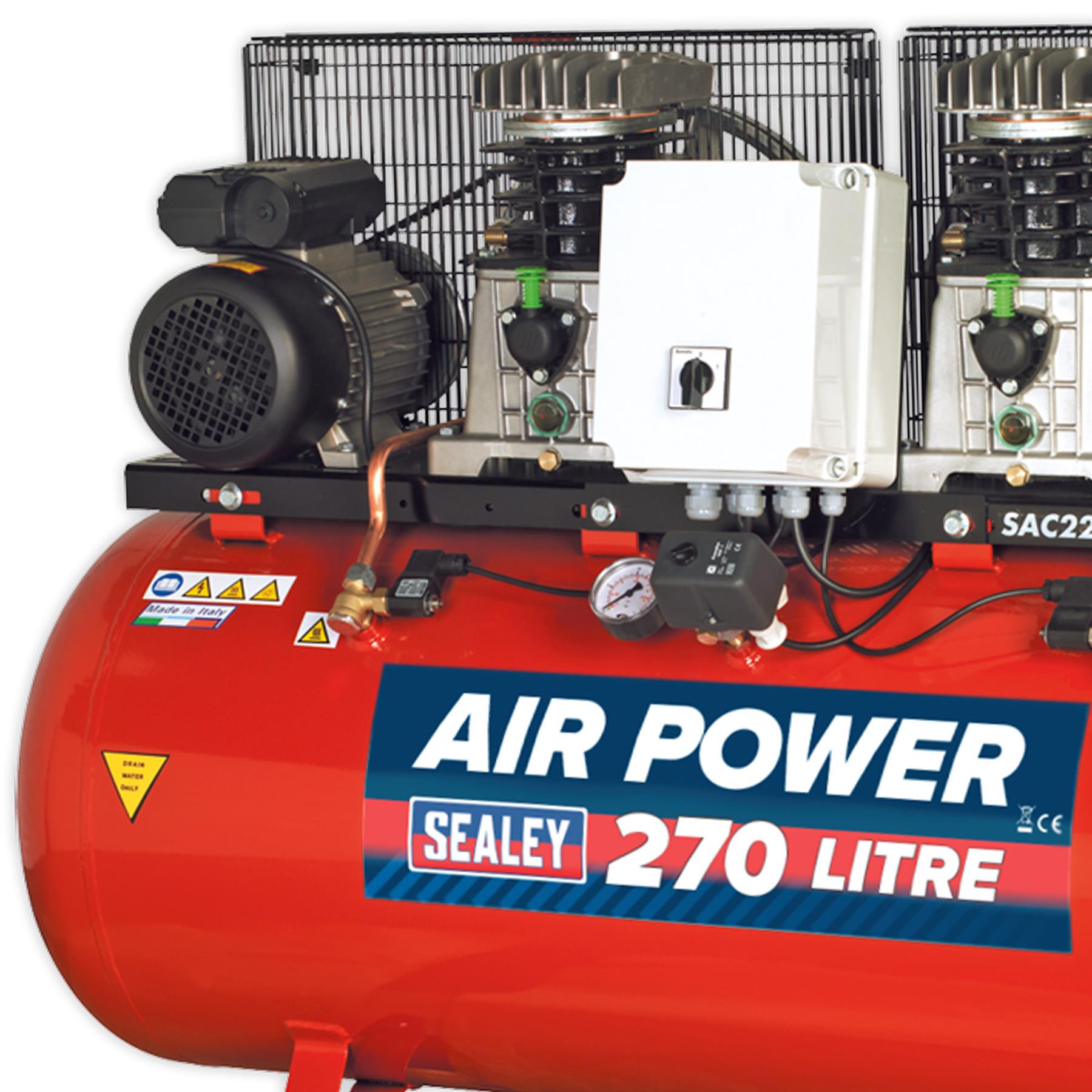 Sealey Compressor 270L Belt Drive 2 x 3hp with Cast Cylinders