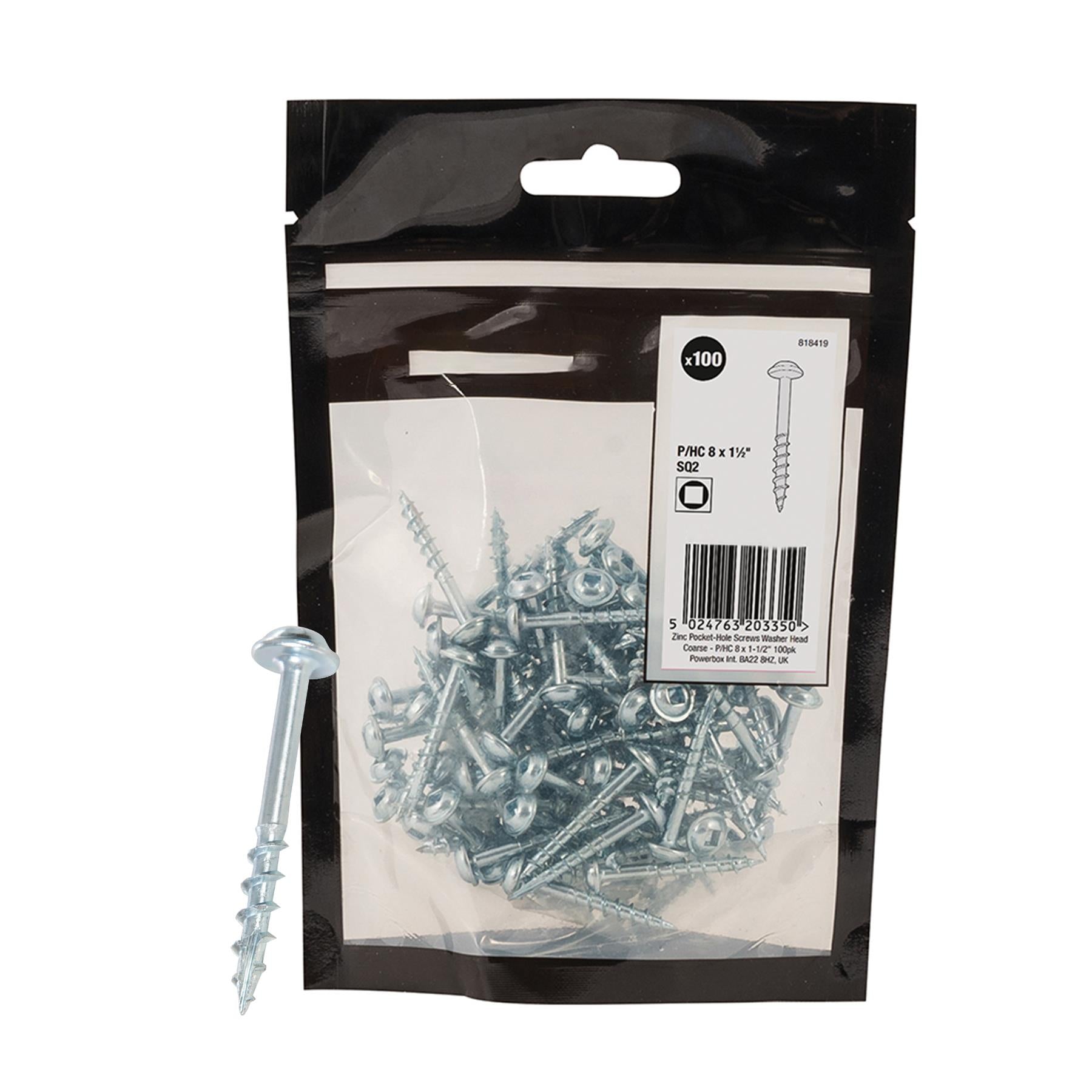 Zinc Pocket-Hole Screws Washer Head Coarse Thread Rust Resistant- 8x1-1/2" 100pk