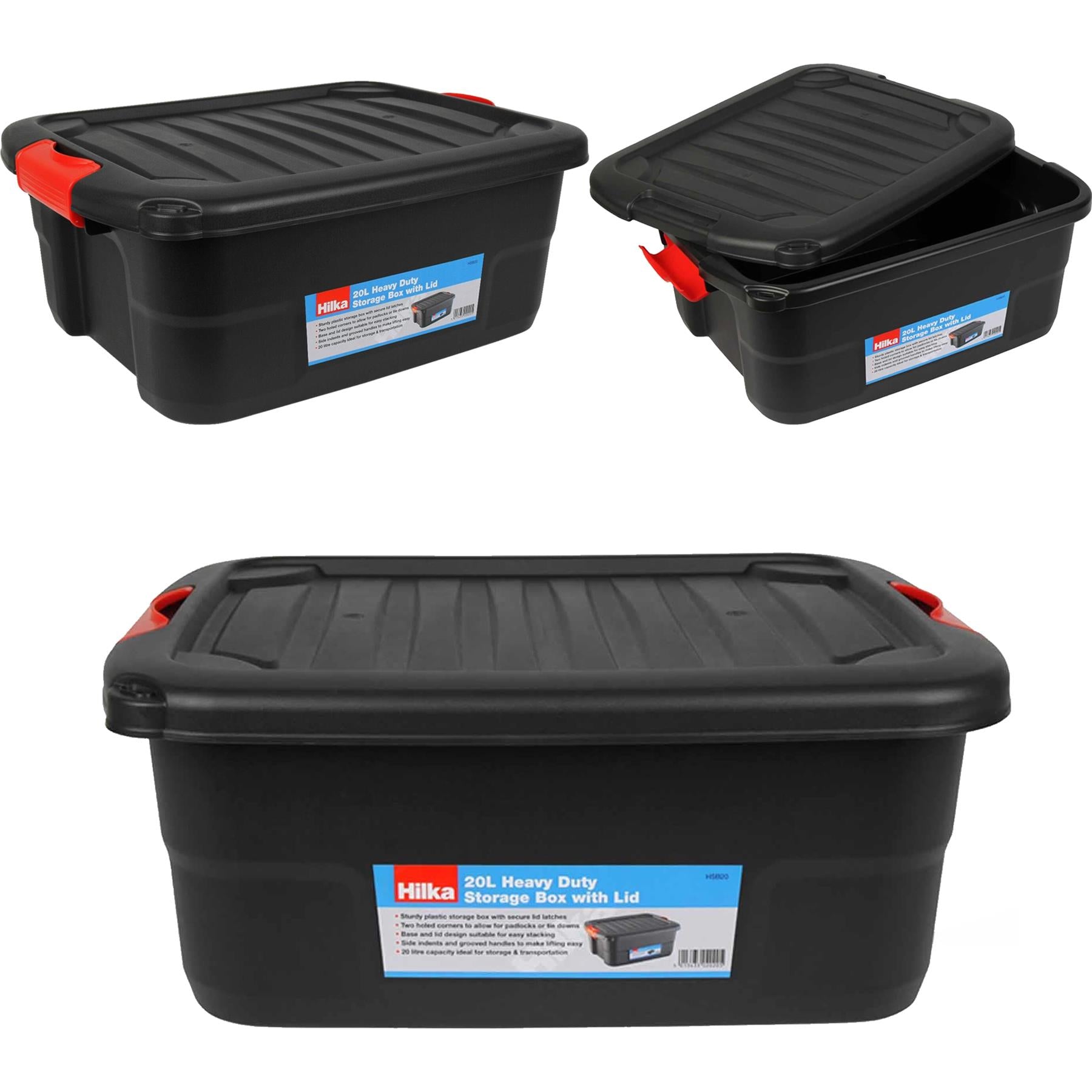 20L Heavy Duty Storage Box with Lid & Latches Plastic Holes for Padlock Tie Down