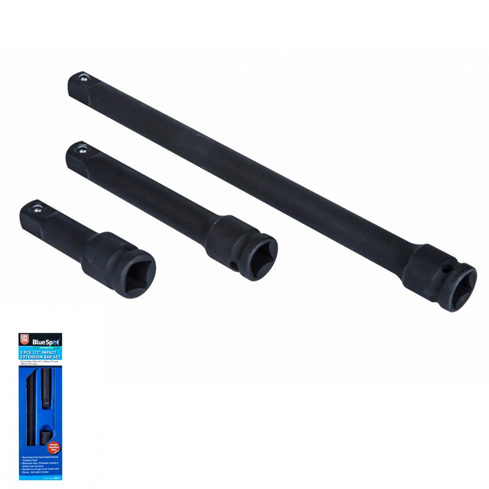 BlueSpot 3Pce 1/2" Impact Socket Extension Bar Set 75, 125, 250mm