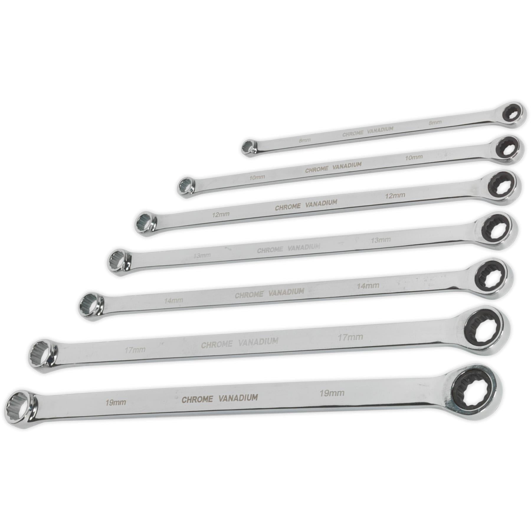 Sealey Double Ring Ratchet/Fixed Spanner Set 7pc Extra-Long Metric