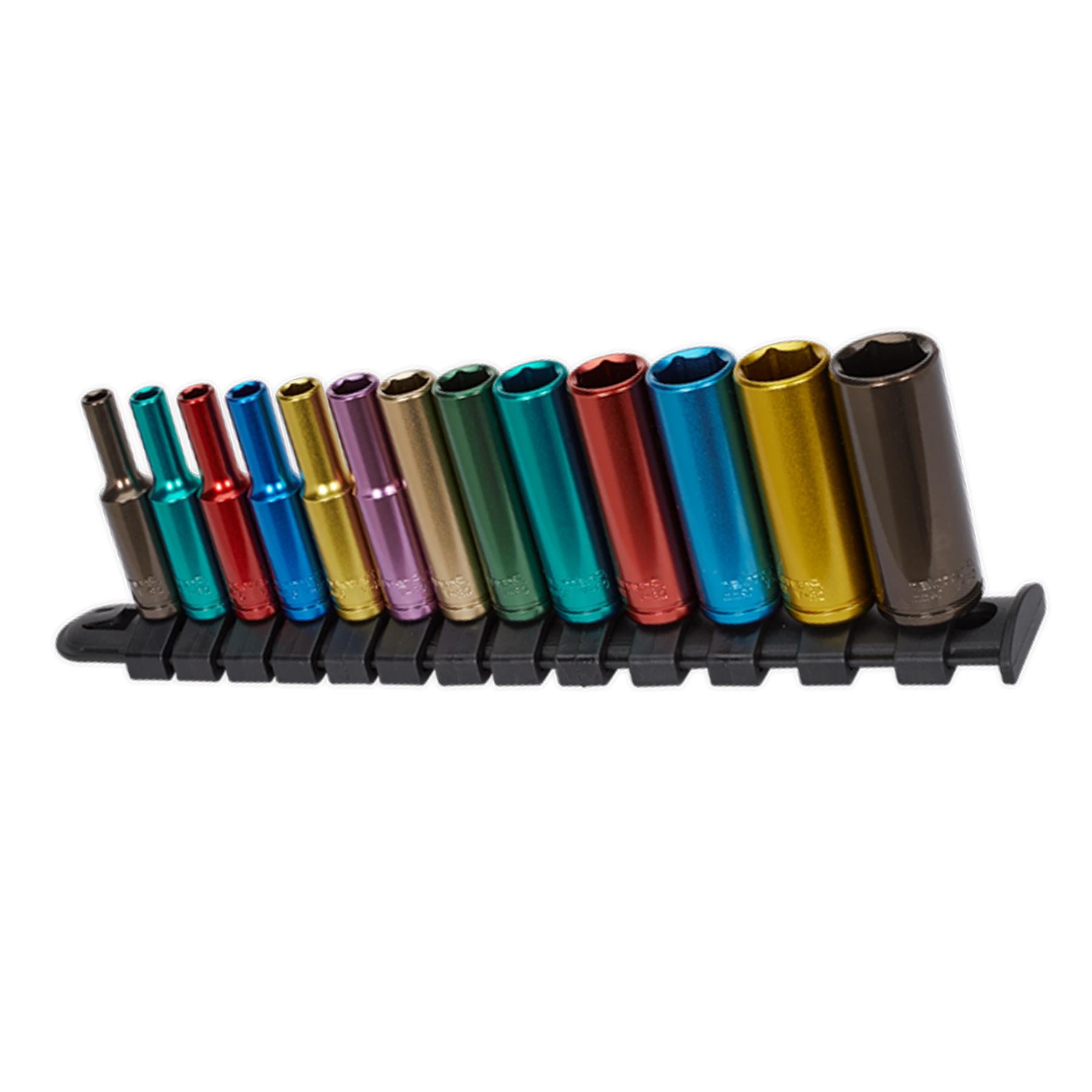 Sealey 13pc Multi Coloured Deep Socket Set 4mm - 14mm 6pt Set 1/4" Sq Drive