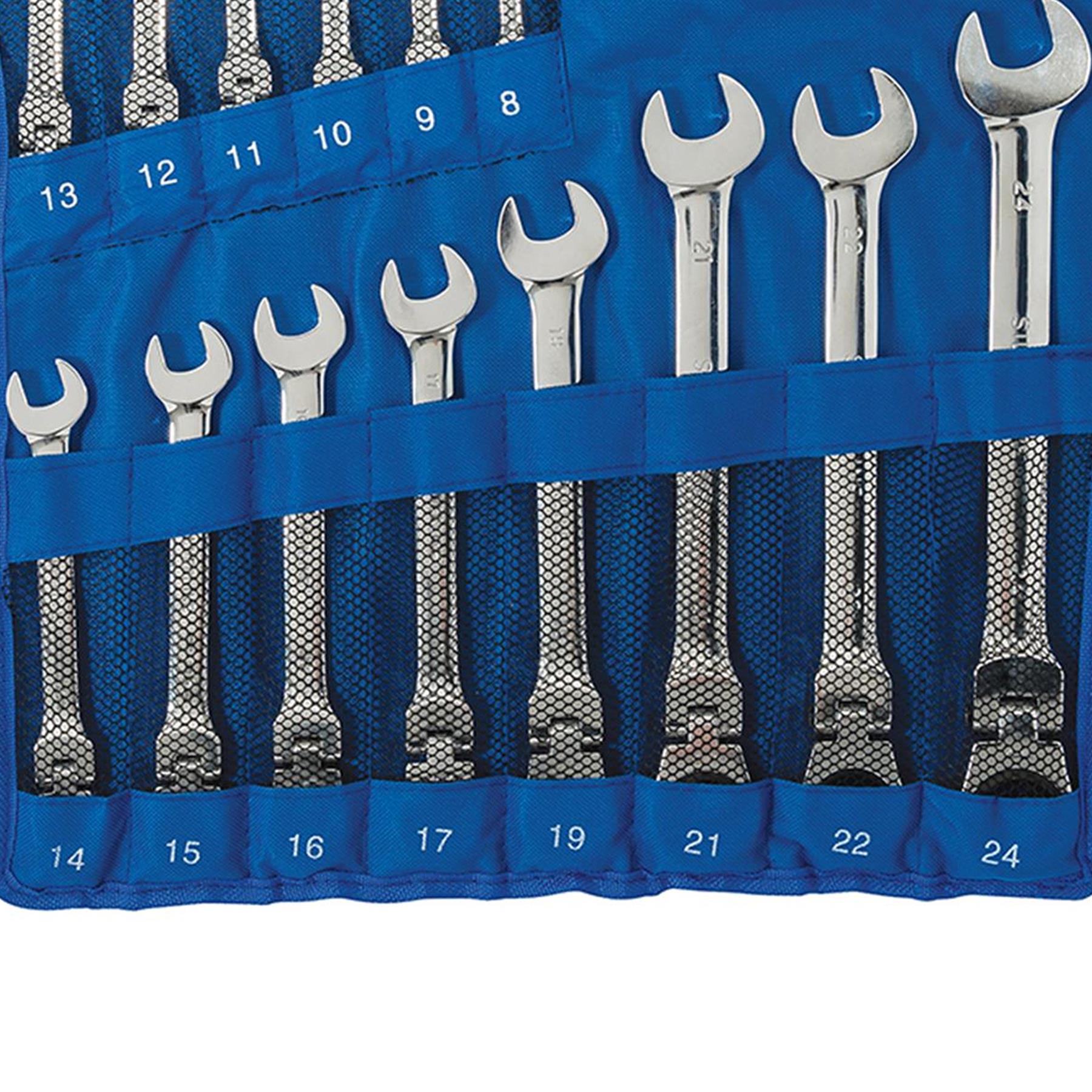 14Pce Flexible Head Ratchet Spanner Set 8mm - 24mm Polished 40Cr Alloy Steel