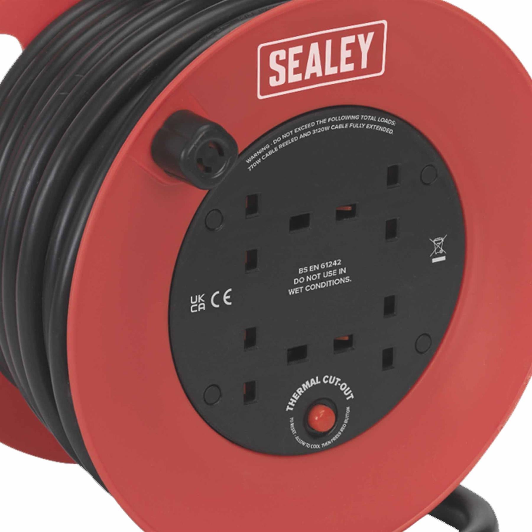 Sealey Cable Reel 25m 4 x 230V 2.5mm Heavy-Duty Thermal Trip CR22525